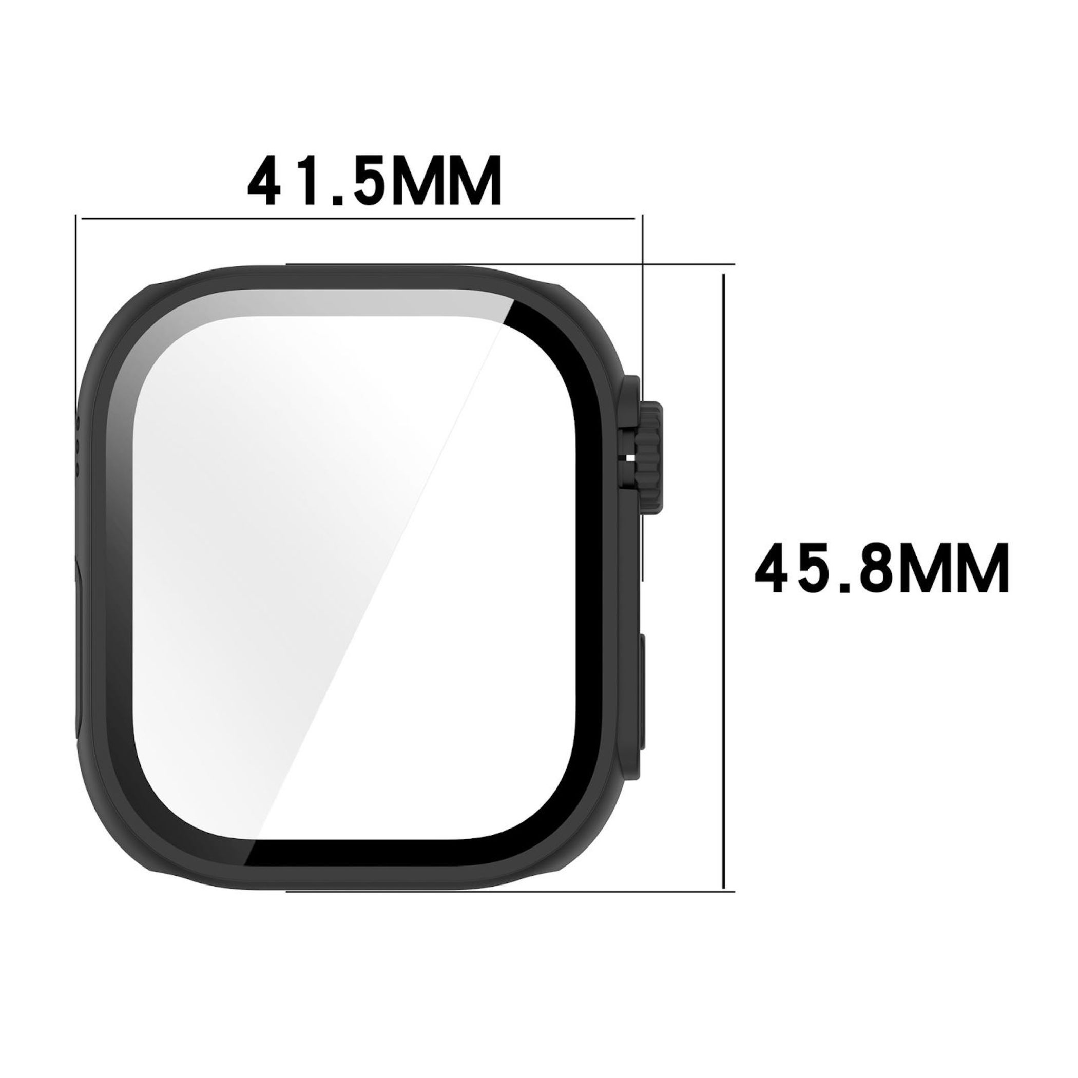 Schwarzer Uhrenschutz, 41,5 x 45,8 mm, mit Maßen.