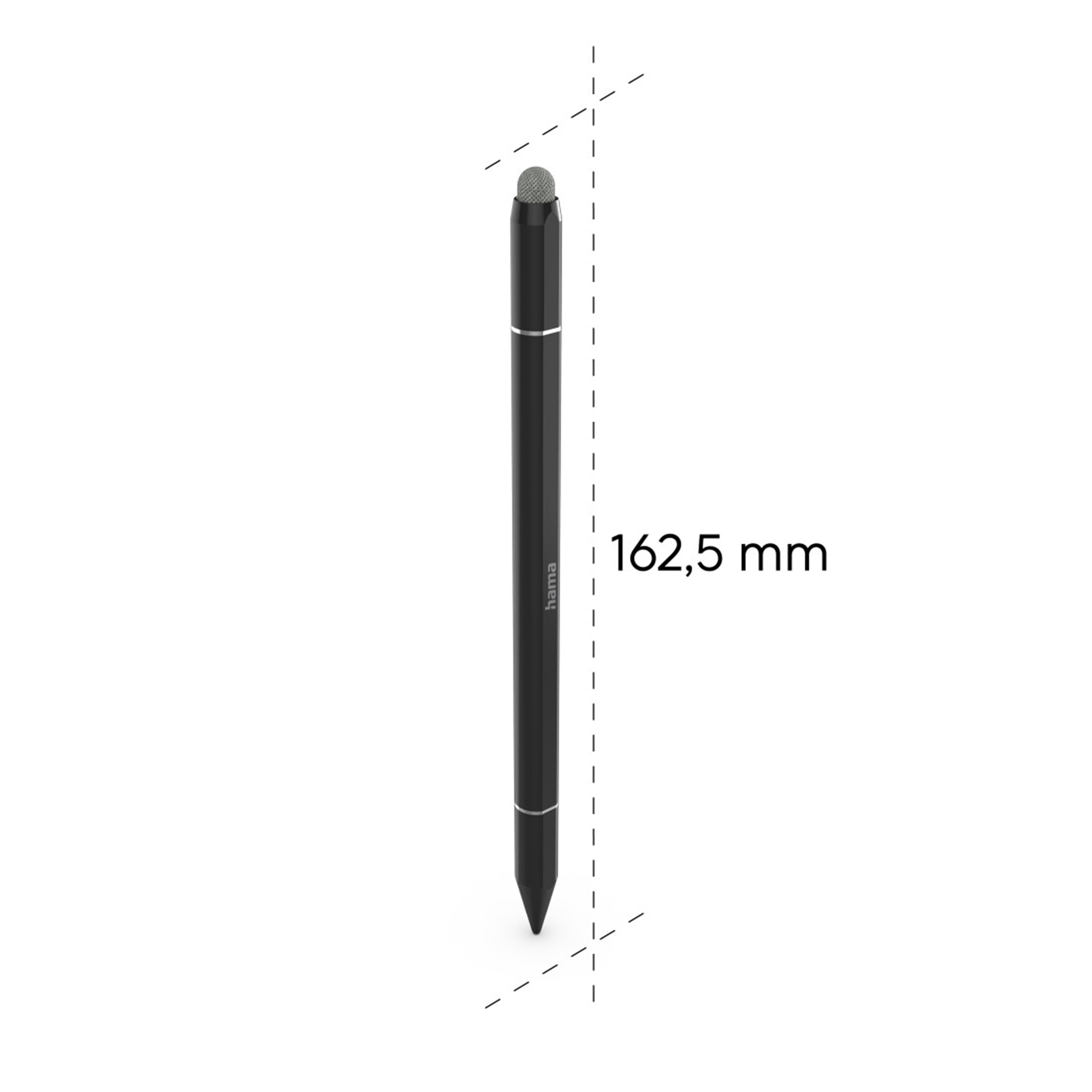 Czarny rysik z szarą końcówką i srebrnym pierścieniem. Długość 162,5 mm.