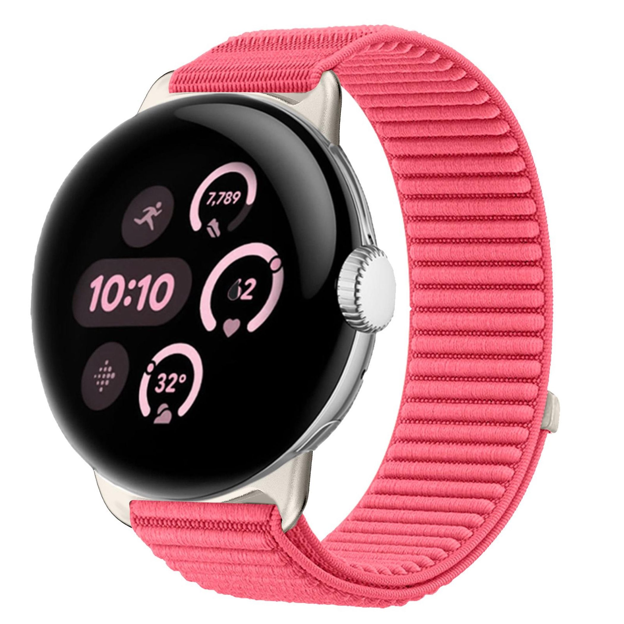 Eine smarte Uhr mit pinkem Band zeigt 10:10 Uhr, 7.789 Schritte.