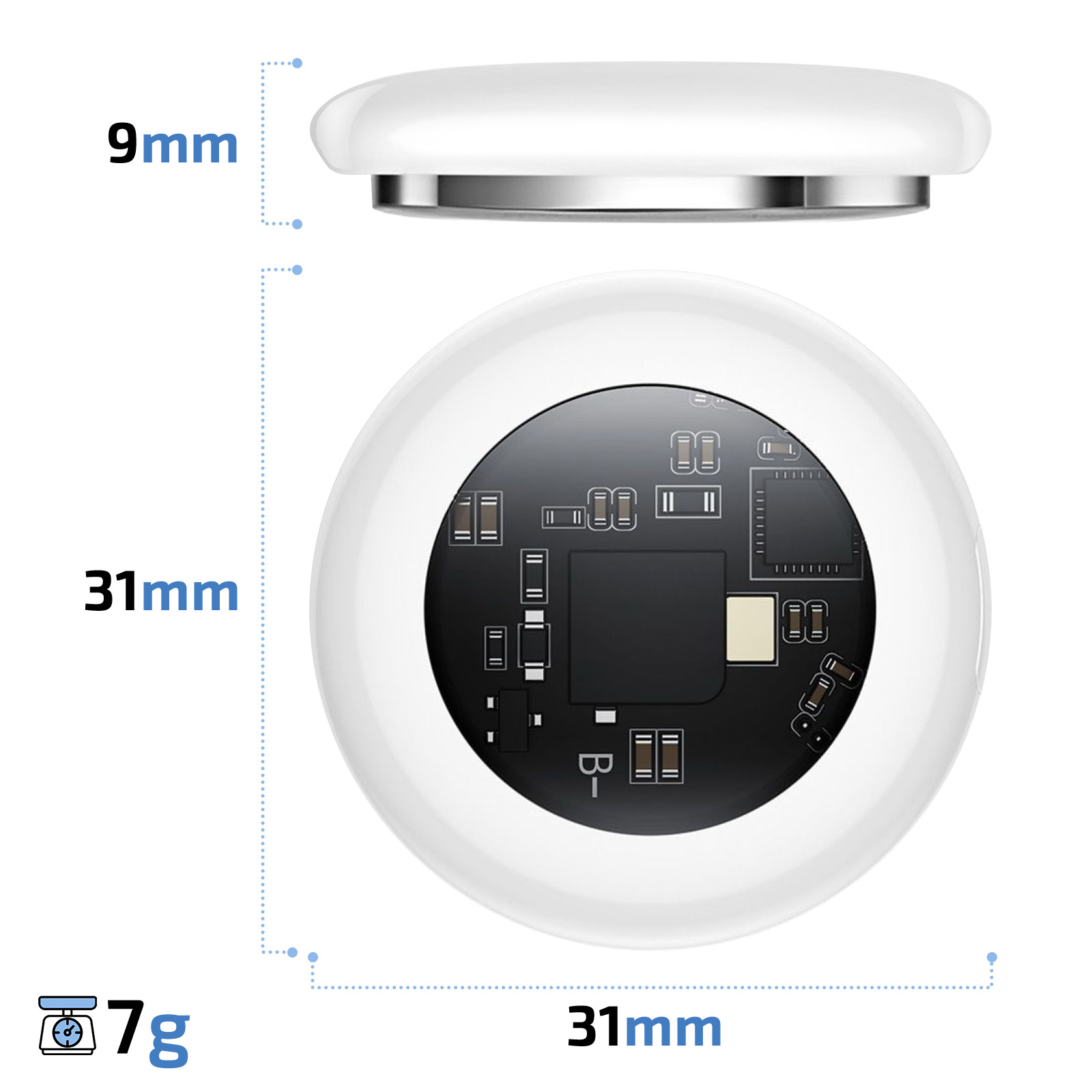 Un dispositivo bianco e rotondo di 31mm di diametro e 9mm di altezza, pesa 7g.