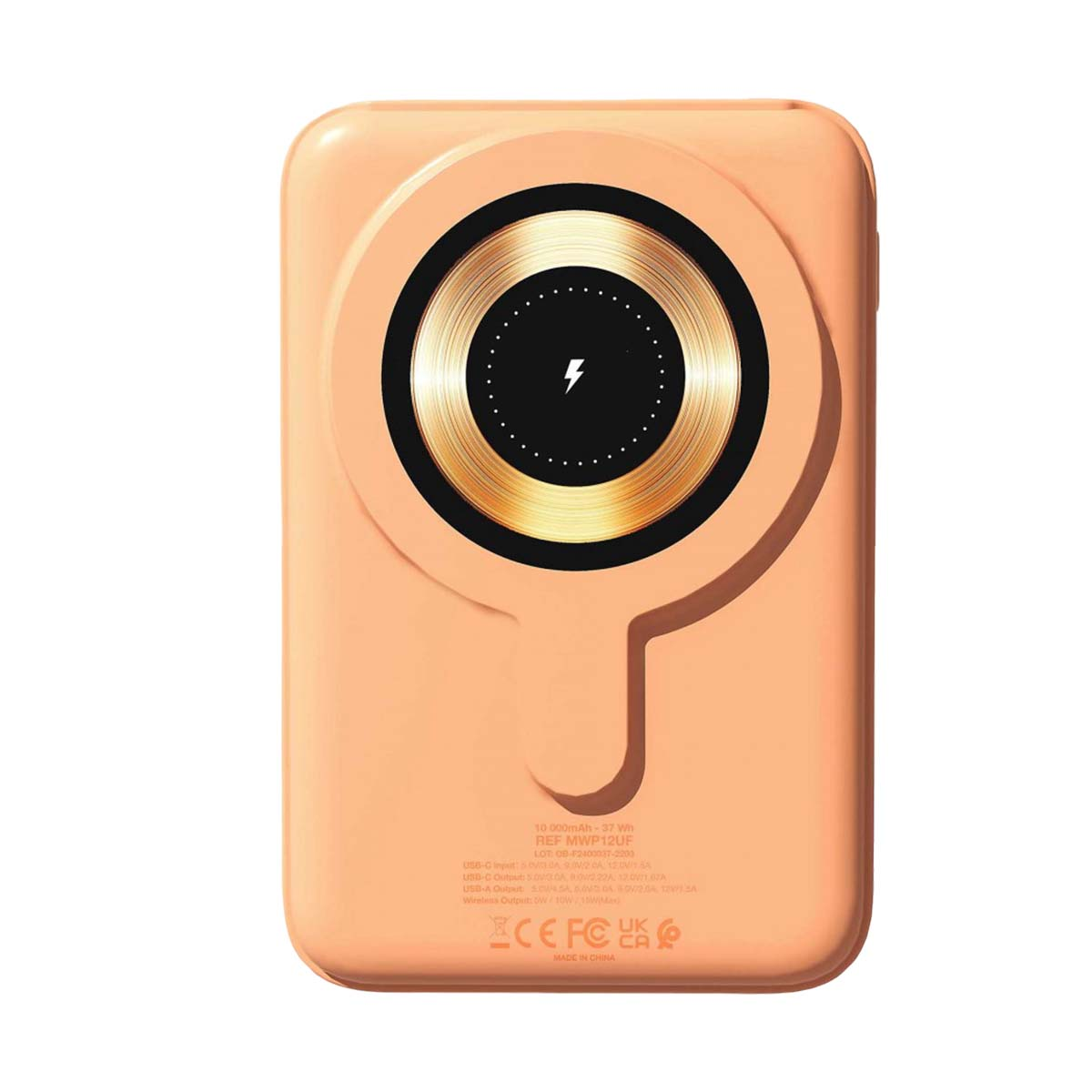 Ein pfirsichfarbenes Powerbank mit einem goldenen Kreis und Blitzsymbol.