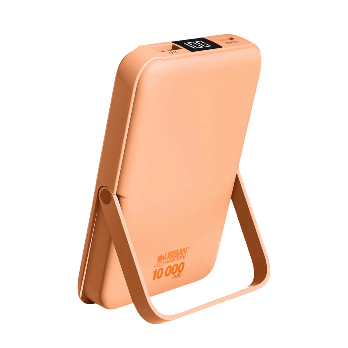 Ein pfirsichfarbener Powerbank mit Ständer. Die Anzeige zeigt 100.