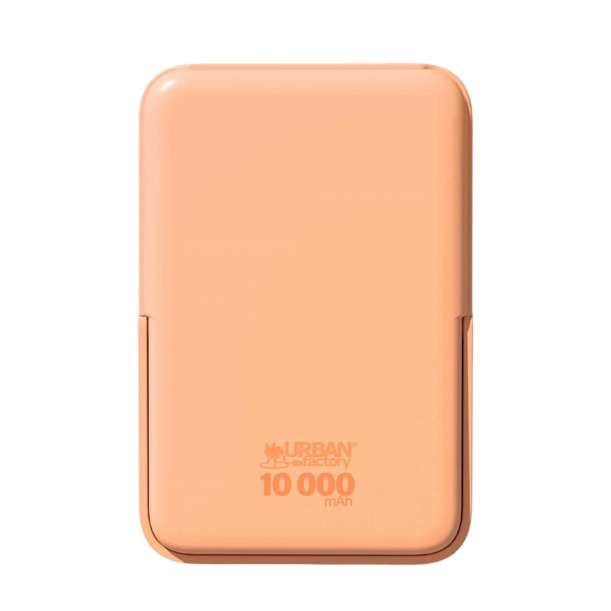 Ein pfirsichfarbenes Powerbank mit der Aufschrift Urban Factory 10000 mAh.