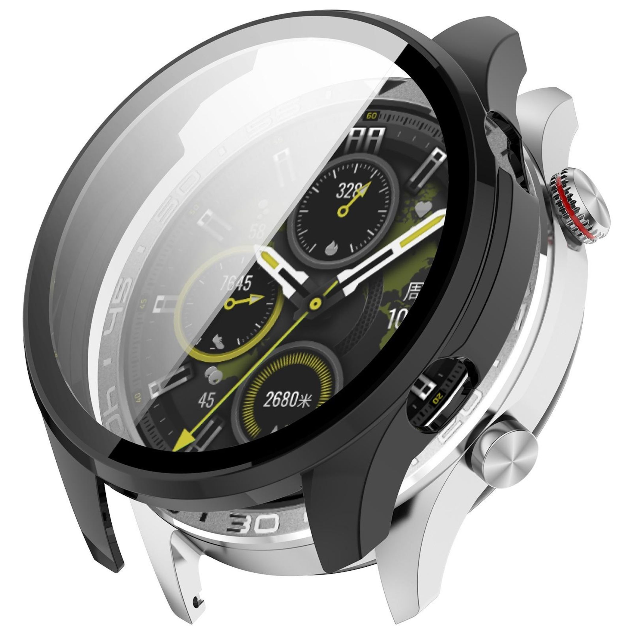Primo piano di uno smartwatch con corpo argentato e lunetta nera. Il quadrante mostra numeri e icone.