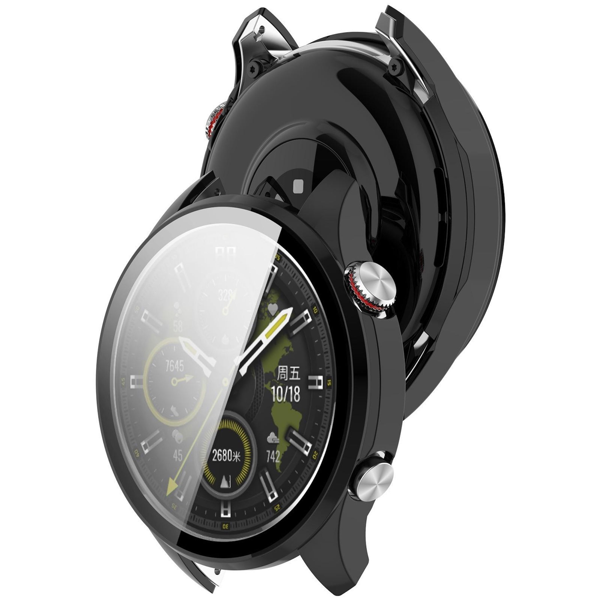 Smartwatch nero con display rotondo che mostra 10/18 e meteo.