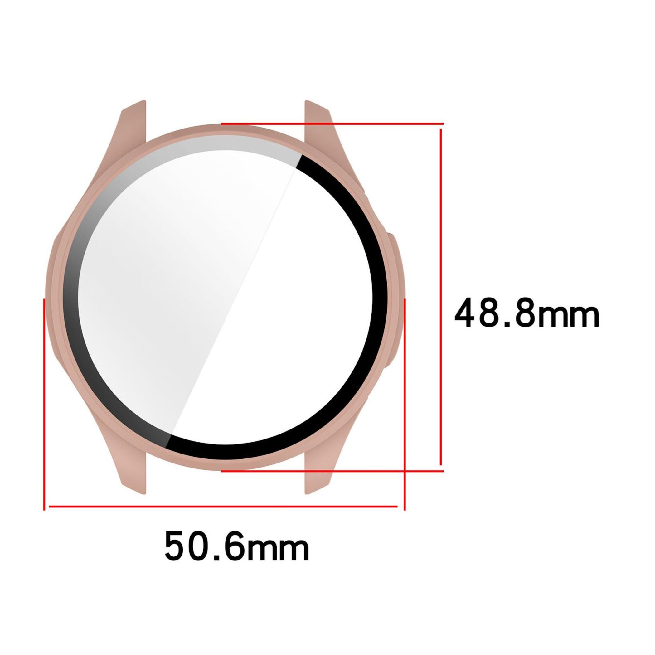 Eine rosafarbene Smartwatch mit Maßangaben 48,8mm und 50,6mm.