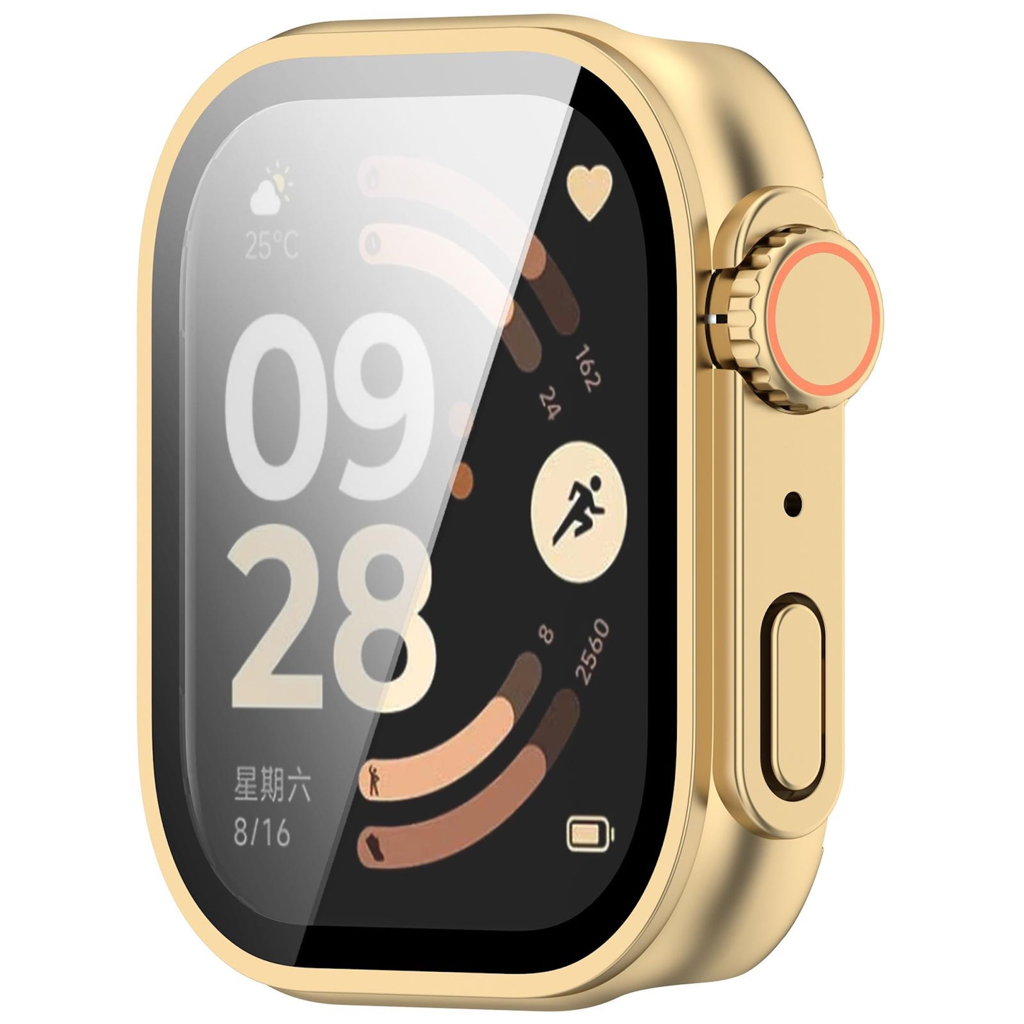 Orologio smart dorato con ampio quadrante mostra 09:28, meteo, cuore e attività.