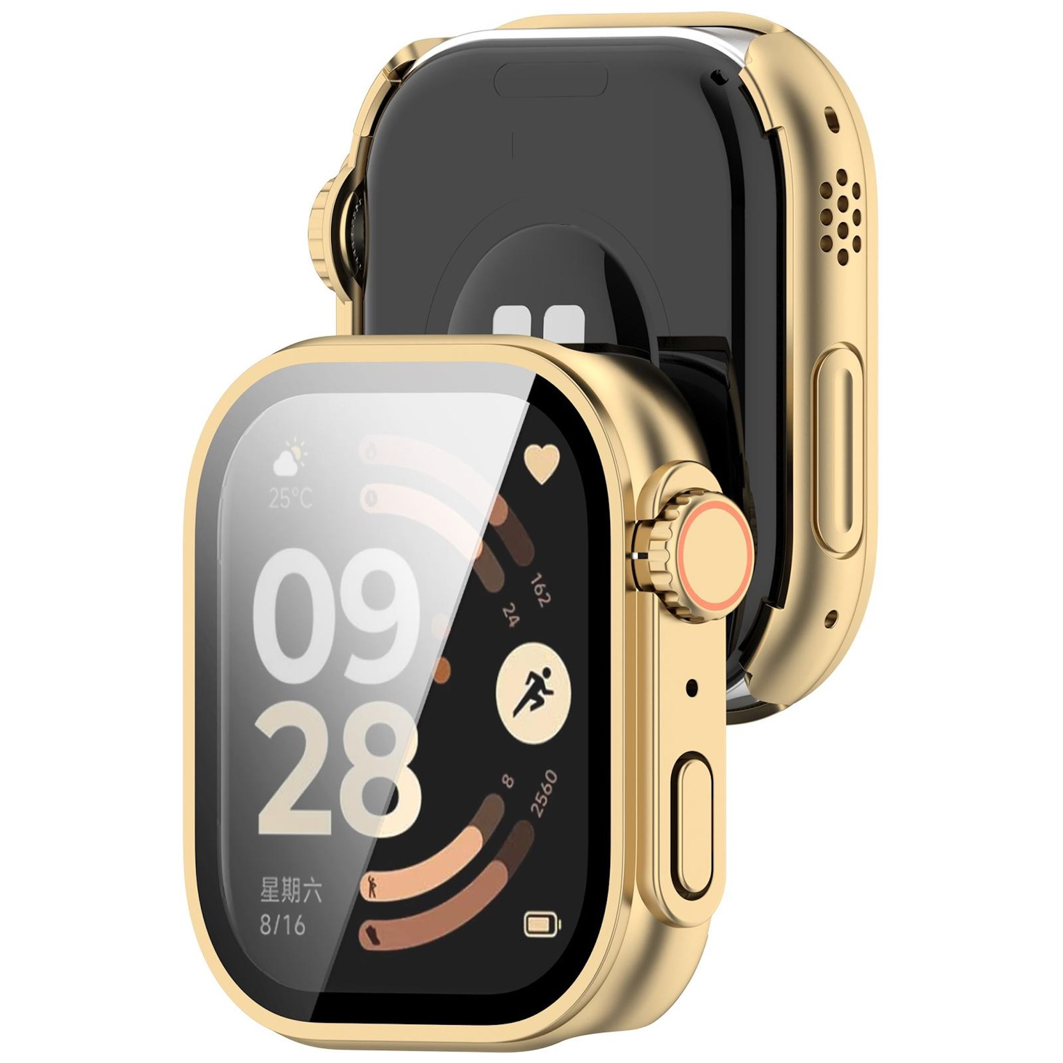 Orologio smart dorato con display nero mostra 09:28, 25°C, icone cuore e corsa.