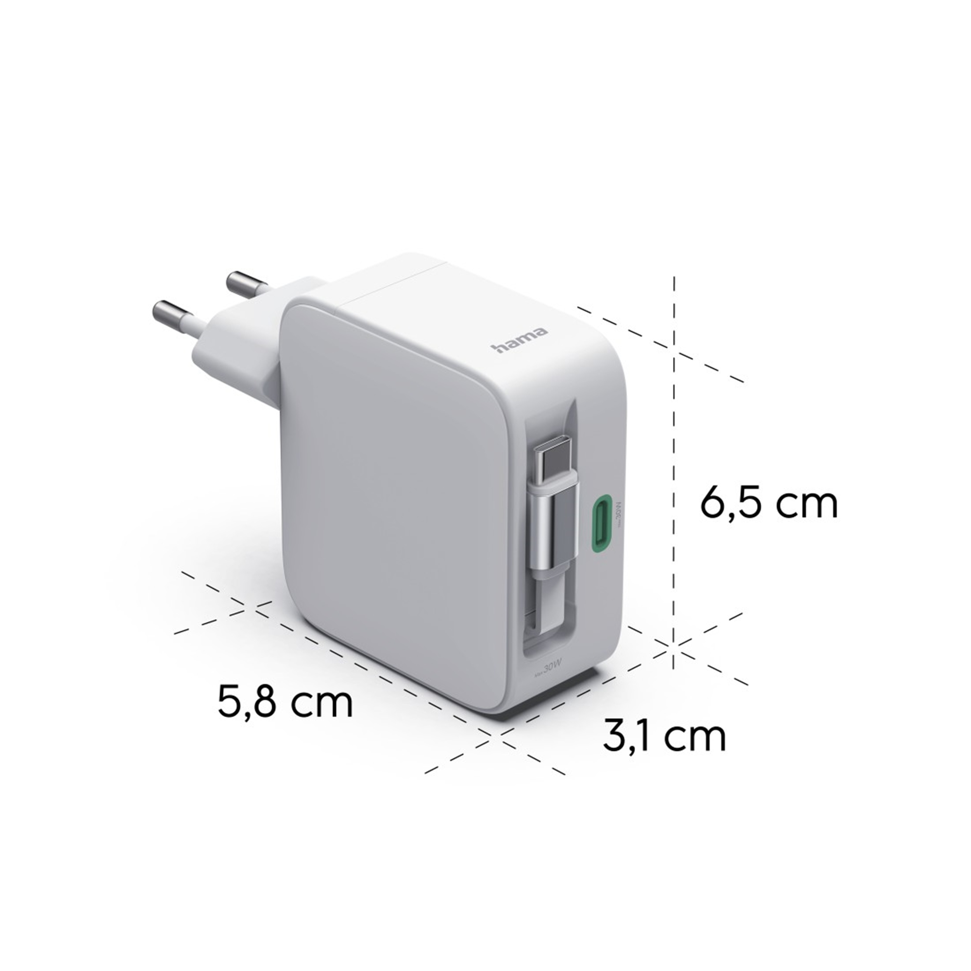 Biały adapter zasilający Hama z portem USB-C i wymiarami.