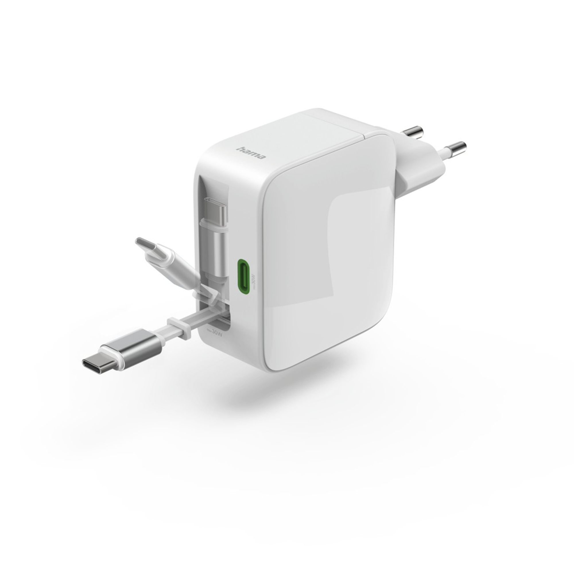 Biała ładowarka Hama USB-C z dwoma kablami i dwoma portami USB-C.