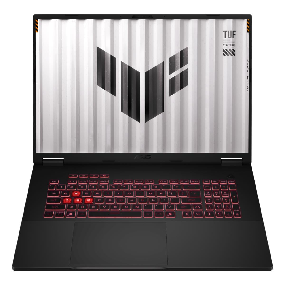 Schwarzer Laptop mit beleuchteter Tastatur und TUF-Logo auf dem Bildschirm.
