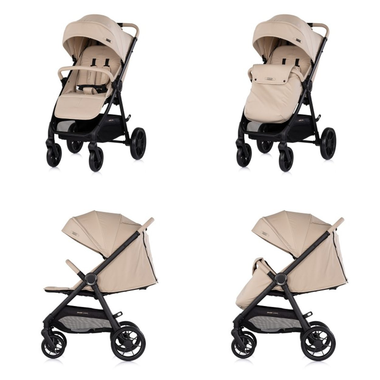 Vier Ansichten eines beigen Kinderwagens mit schwarzem Gestell.