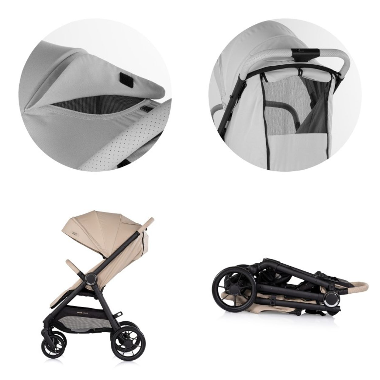 Ein beige Kinderwagen, geöffnet und zusammengeklappt, mit Nahaufnahmen.