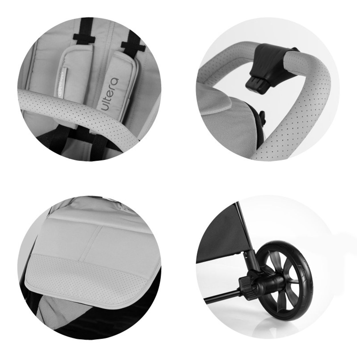 Details eines Kinderwagens: Gurte, Griff, Sitz und Rad.