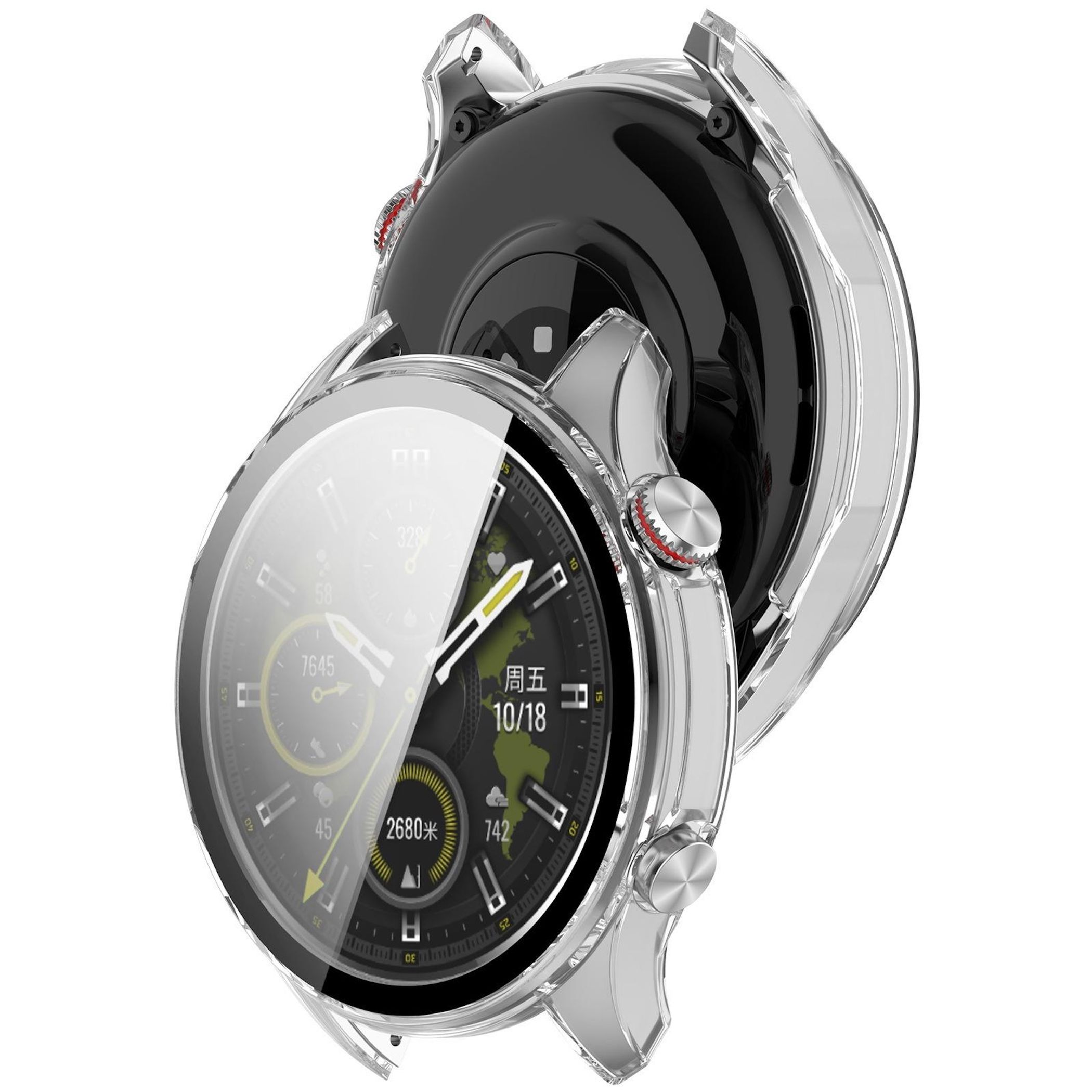 Silberne Smartwatch mit transparentem Gehäuse, zeigt Datum und Schritte an.