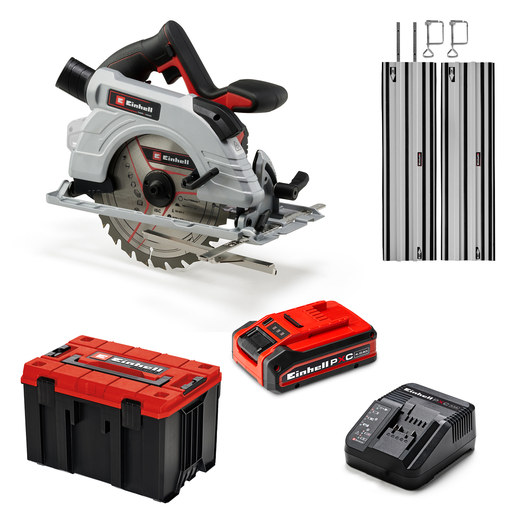 Einhell Kreissäge mit Akku, Ladegerät, Werkzeugkasten und Führungsschienen.