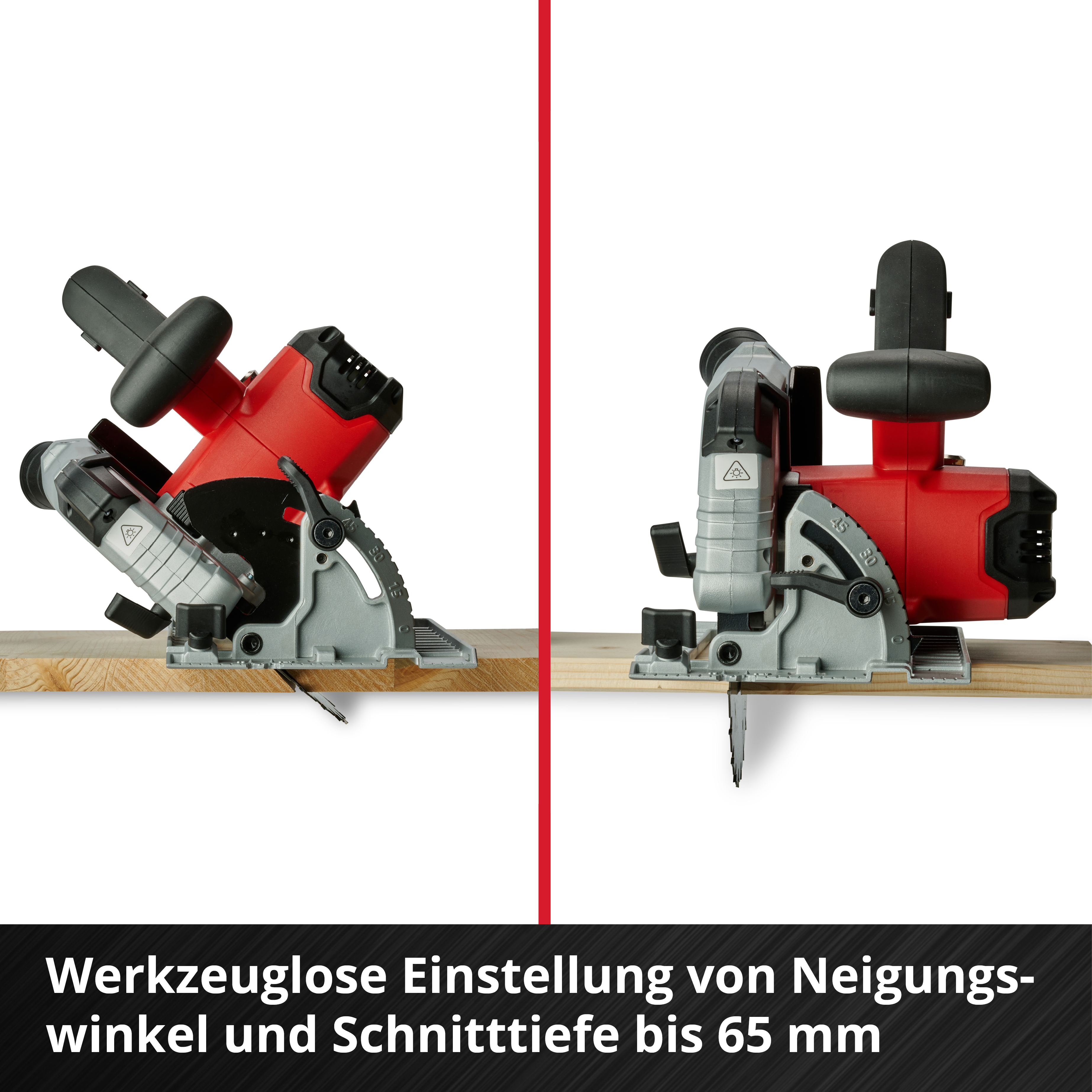 Kreissäge auf Holzbrett, links geneigt, rechts gerade. Werkzeuglose Einstellung.