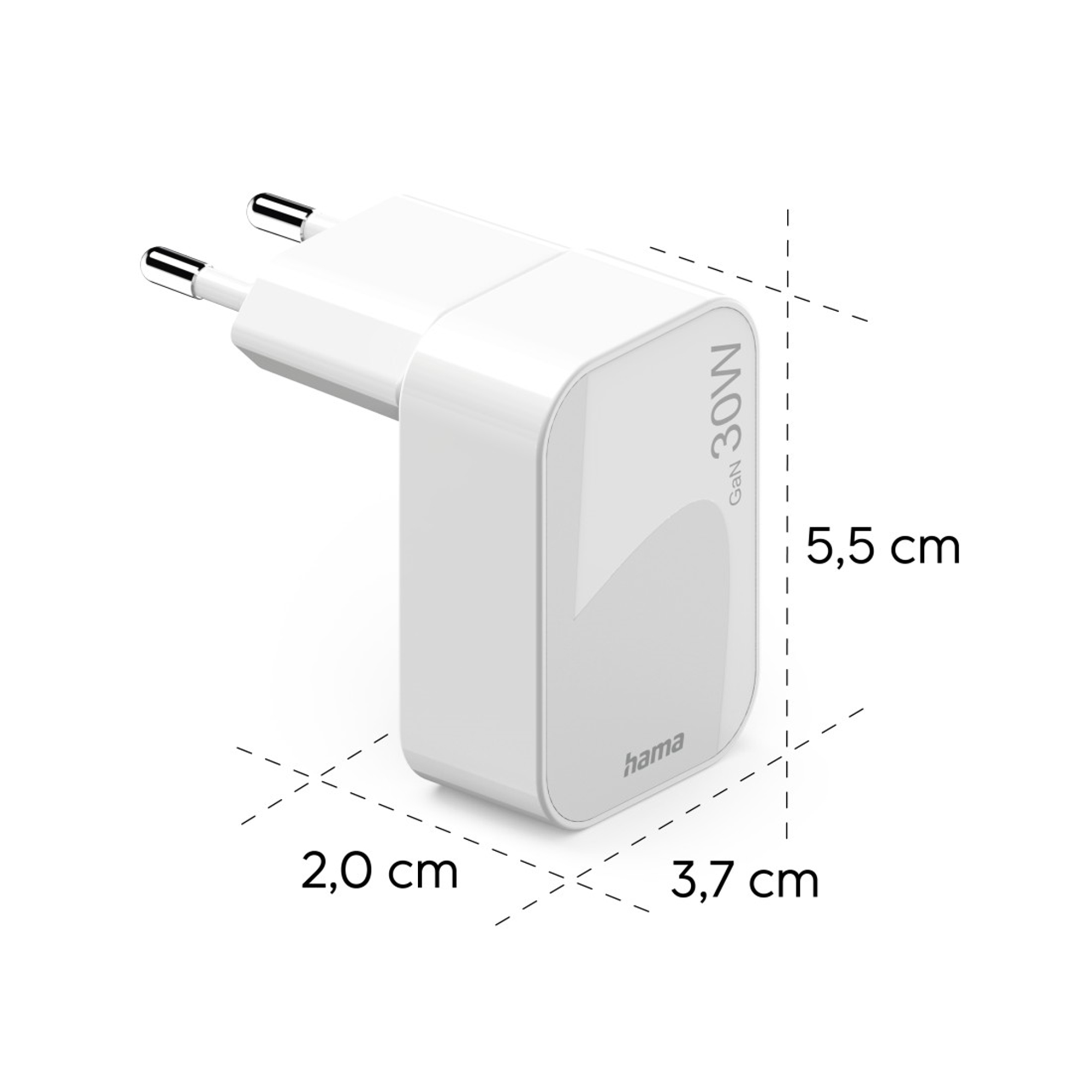 Biała ładowarka Hama GaN 30W USB-C, wymiary 5,5x3,7x2,0 cm.