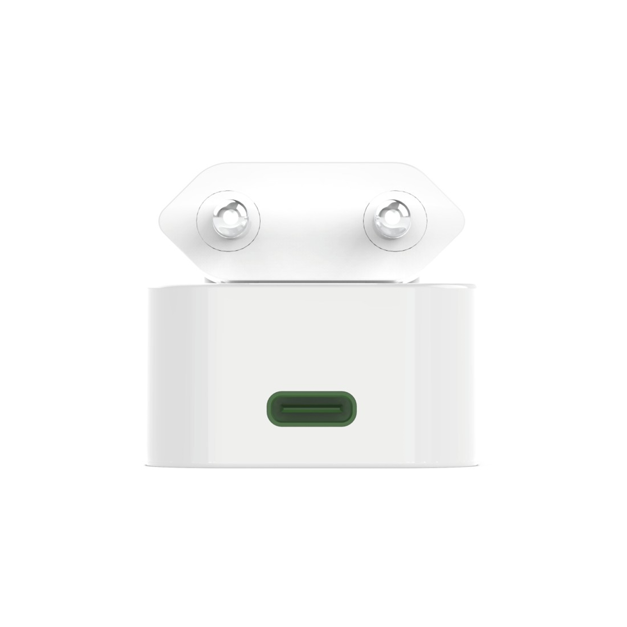 Biały adapter USB-C z dwoma metalowymi bolcami na górze i zielonym gniazdem.