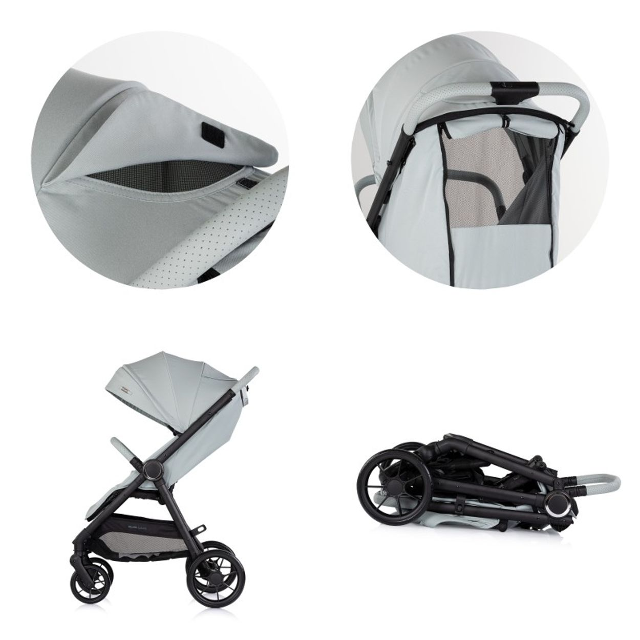 Hellgrauer Kinderwagen, geöffnet und zusammengeklappt. Detailansichten des Verdecks und des Griffs.