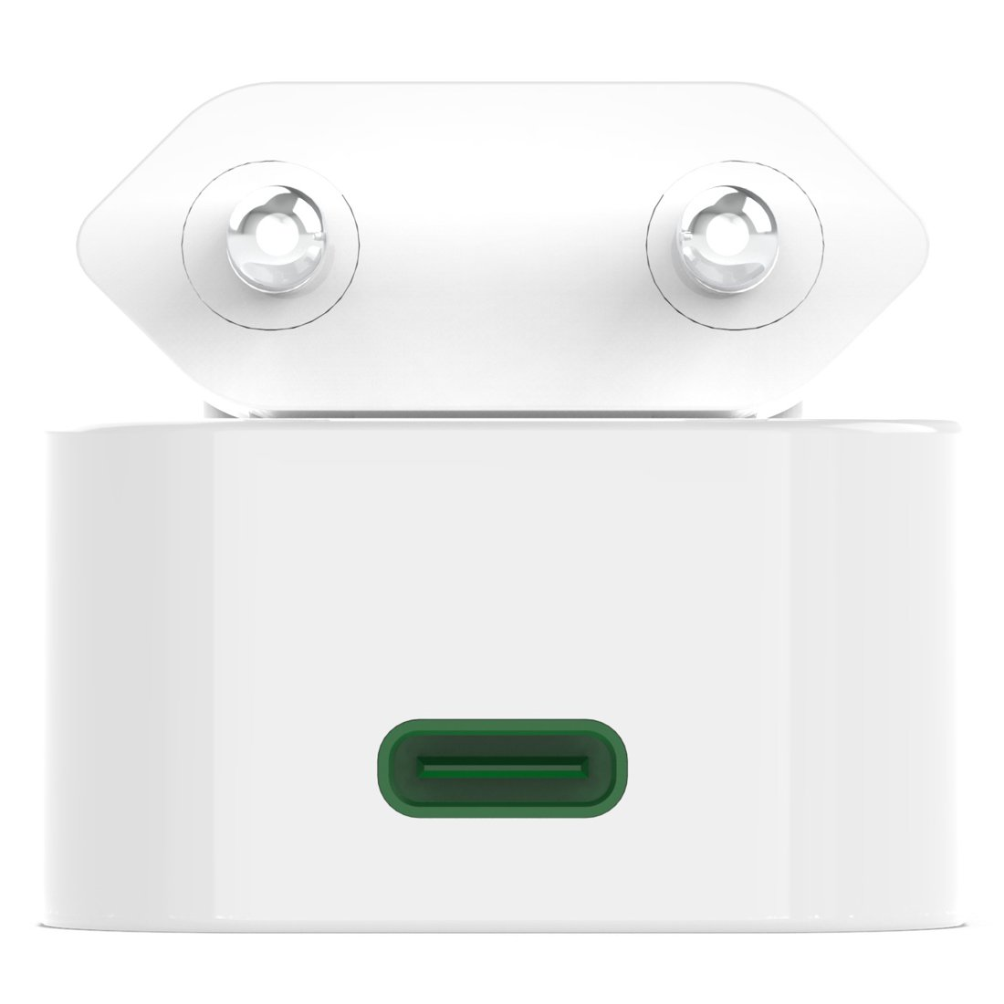 Biała ładowarka z dwoma bolcami na górze i portem USB-C na dole.
