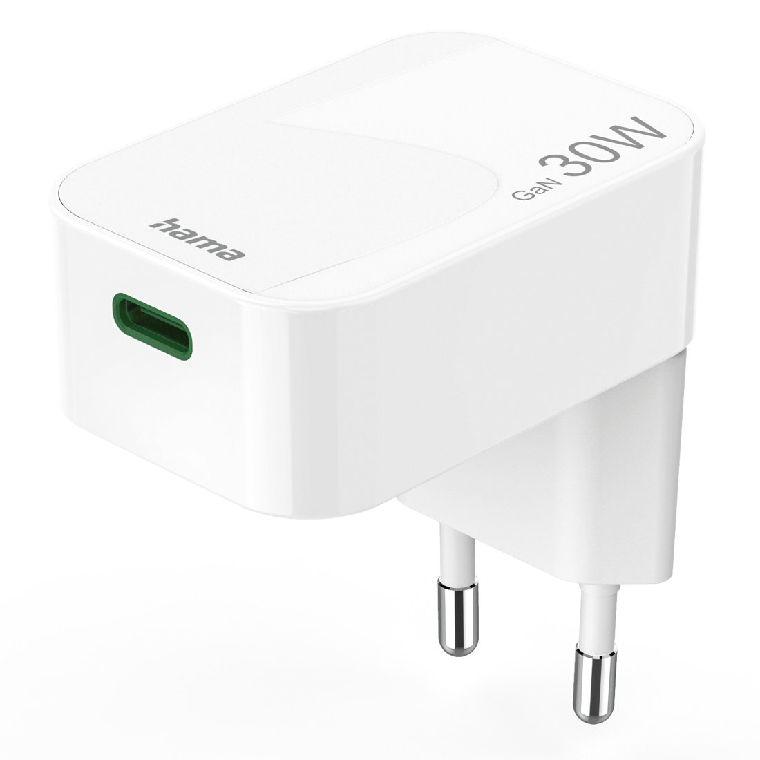 Biała ładowarka szybka Hama GaN 30W USB-C z zielonym portem i wtyczką.