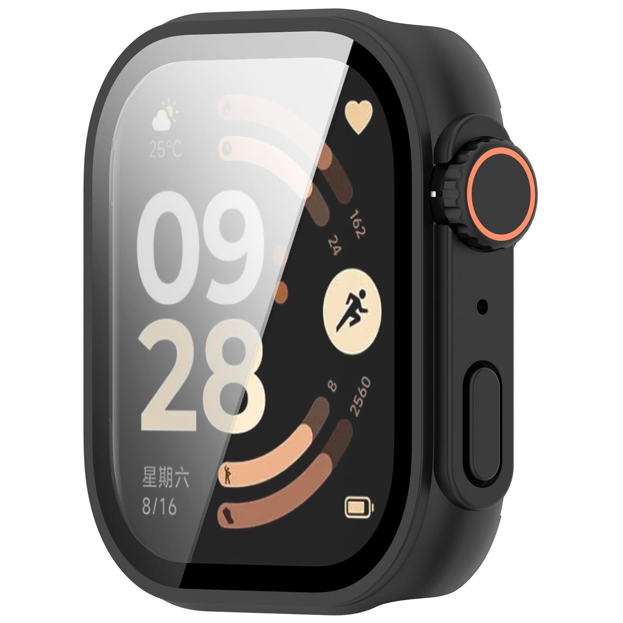 Schwarze Smartwatch mit Vollbildanzeige, zeigt 25°C, 09:28, Herzfrequenz und Laufaktivität.