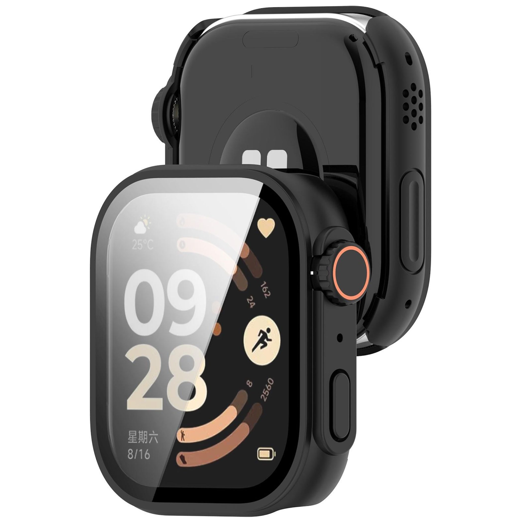 Schwarze Smartwatch mit großem Zifferblatt, das 09:28 Uhr und Wetterdaten anzeigt.