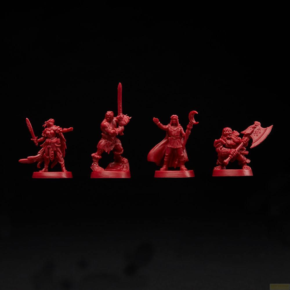 Vier rode fantasy miniaturen: krijger, barbaar, magiër en dwerg.