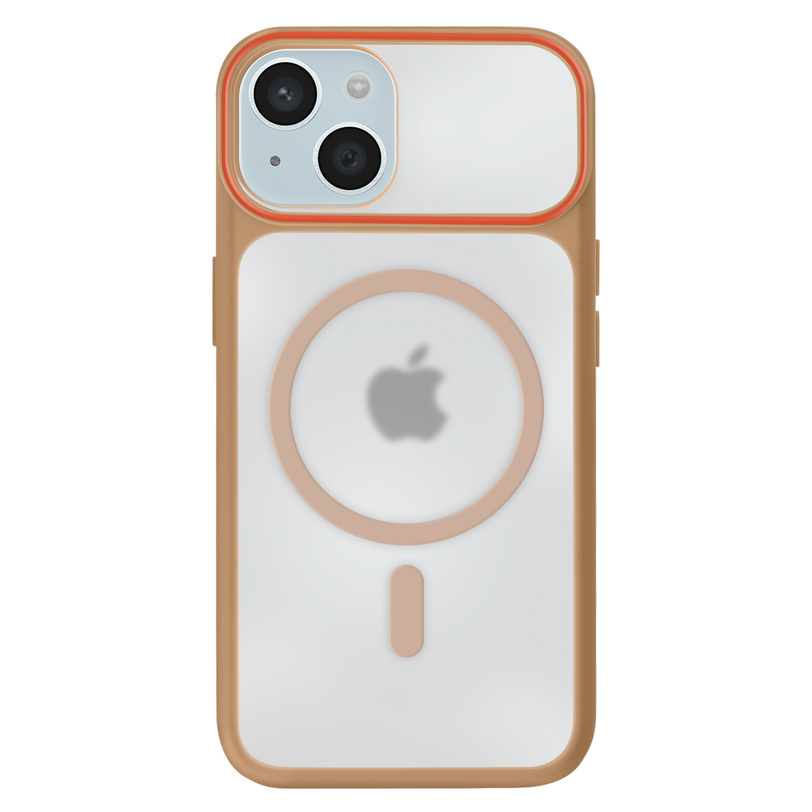 Coque iPhone transparente avec bordure beige et accents orange.
