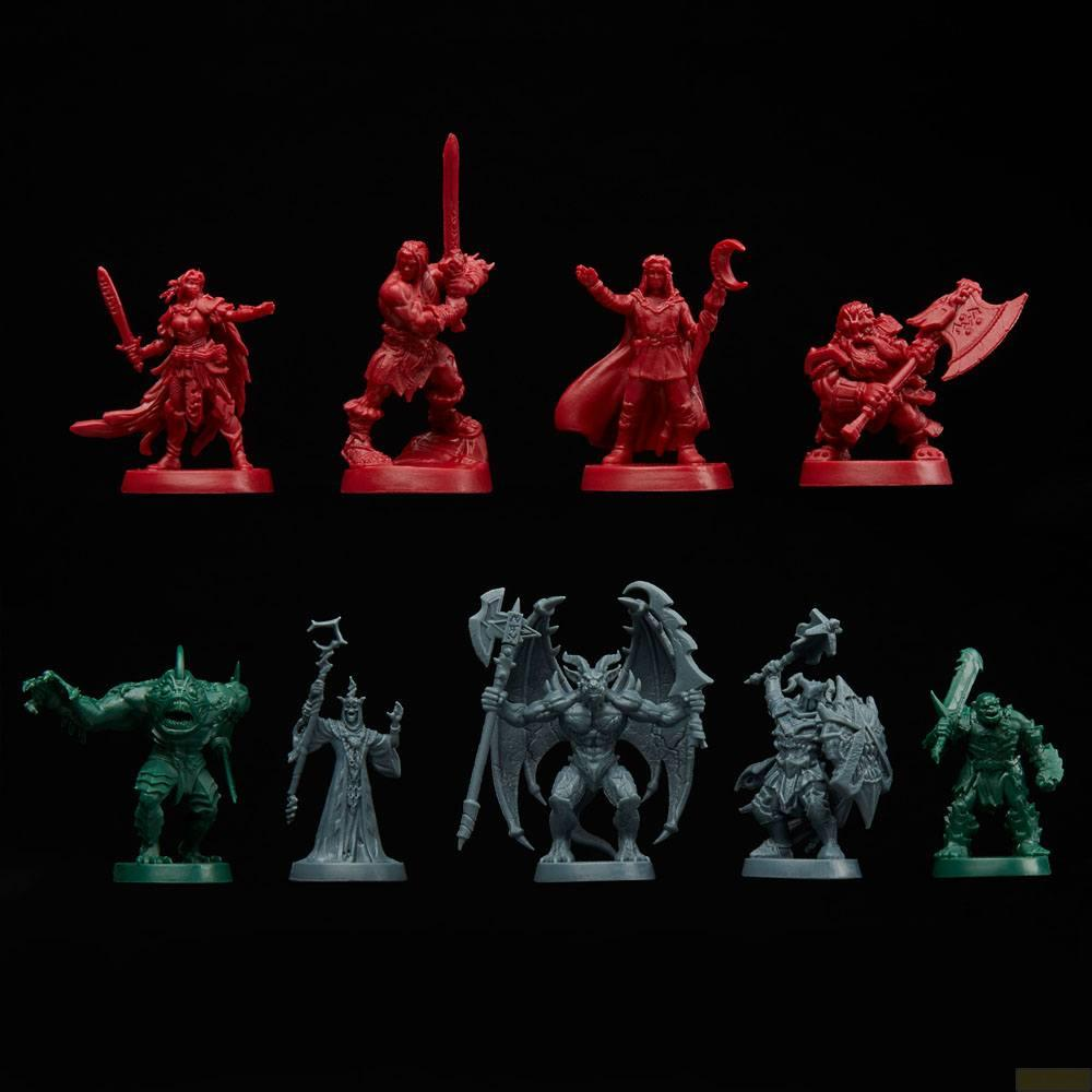 Negen fantasy figuren: vier rood, drie grijs, twee groen, op zwart.