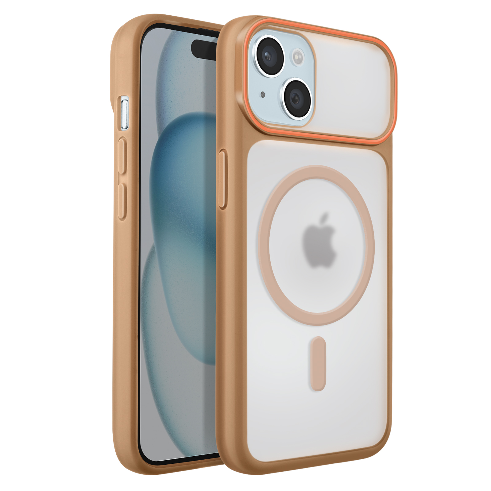 Un téléphone brun doré avec une coque transparente montrant une marque de logo Apple.