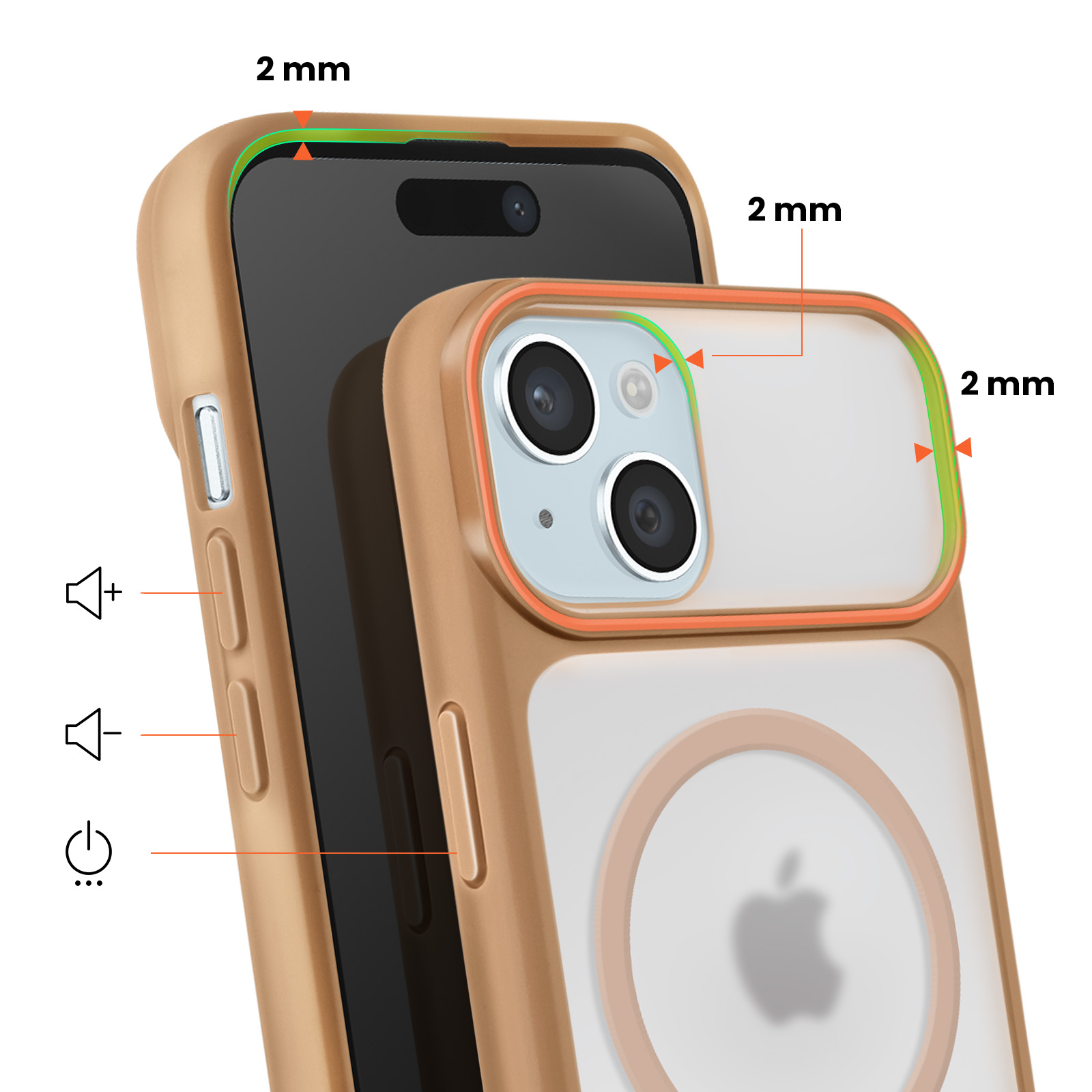 Une coque de téléphone bronze avec un bord de 2mm et découpe caméra.