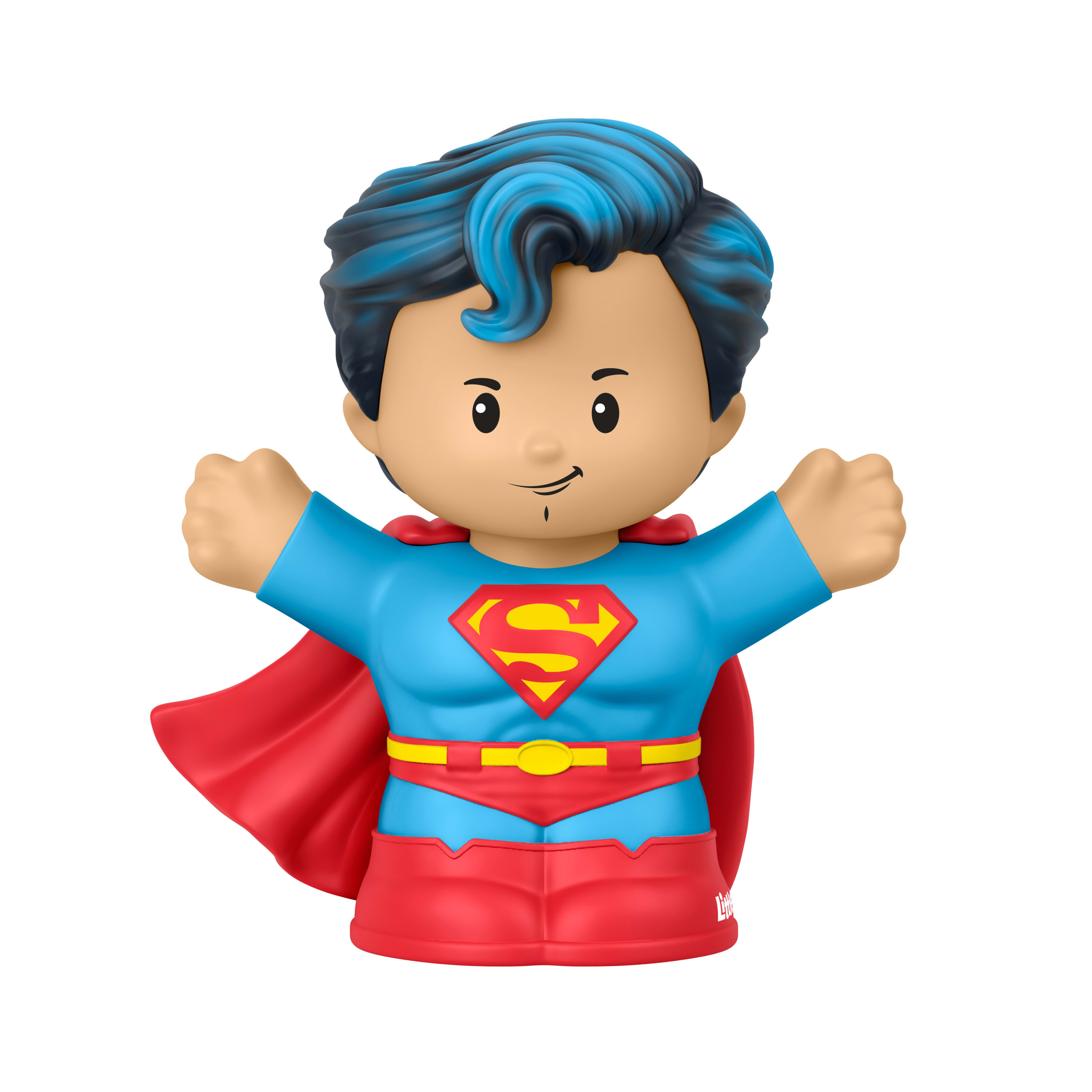 Eine Superman-Figur mit blauen Haaren, rotem Umhang und dem S-Symbol auf der Brust.
