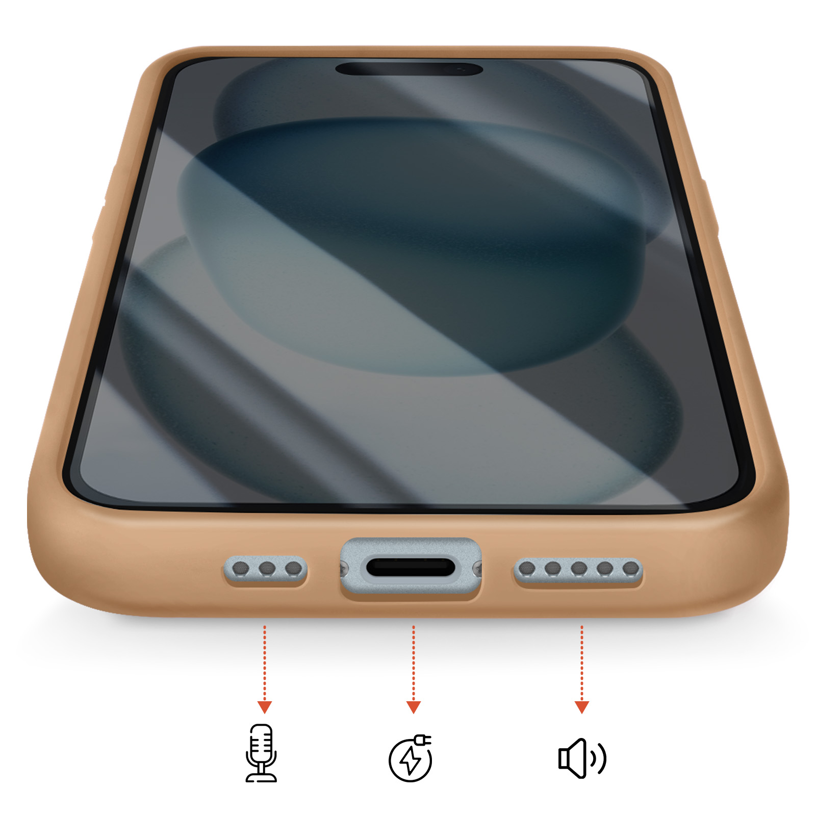 Une coque beige pour iPhone montrant le port de charge et les icônes micro, charge, haut-parleur.