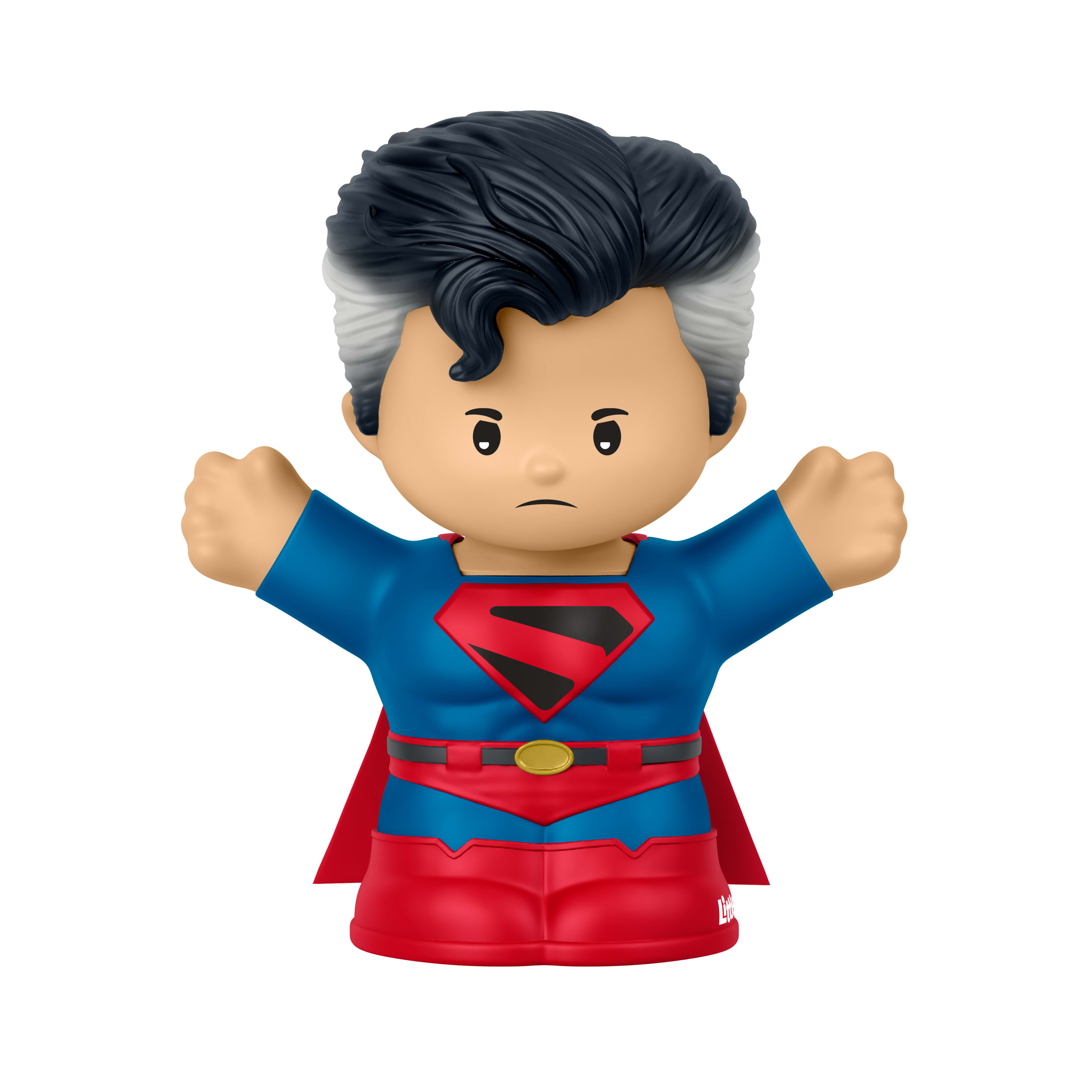Eine kleine Figur von Superman mit blauem Hemd, rotem Cape und S-Logo.