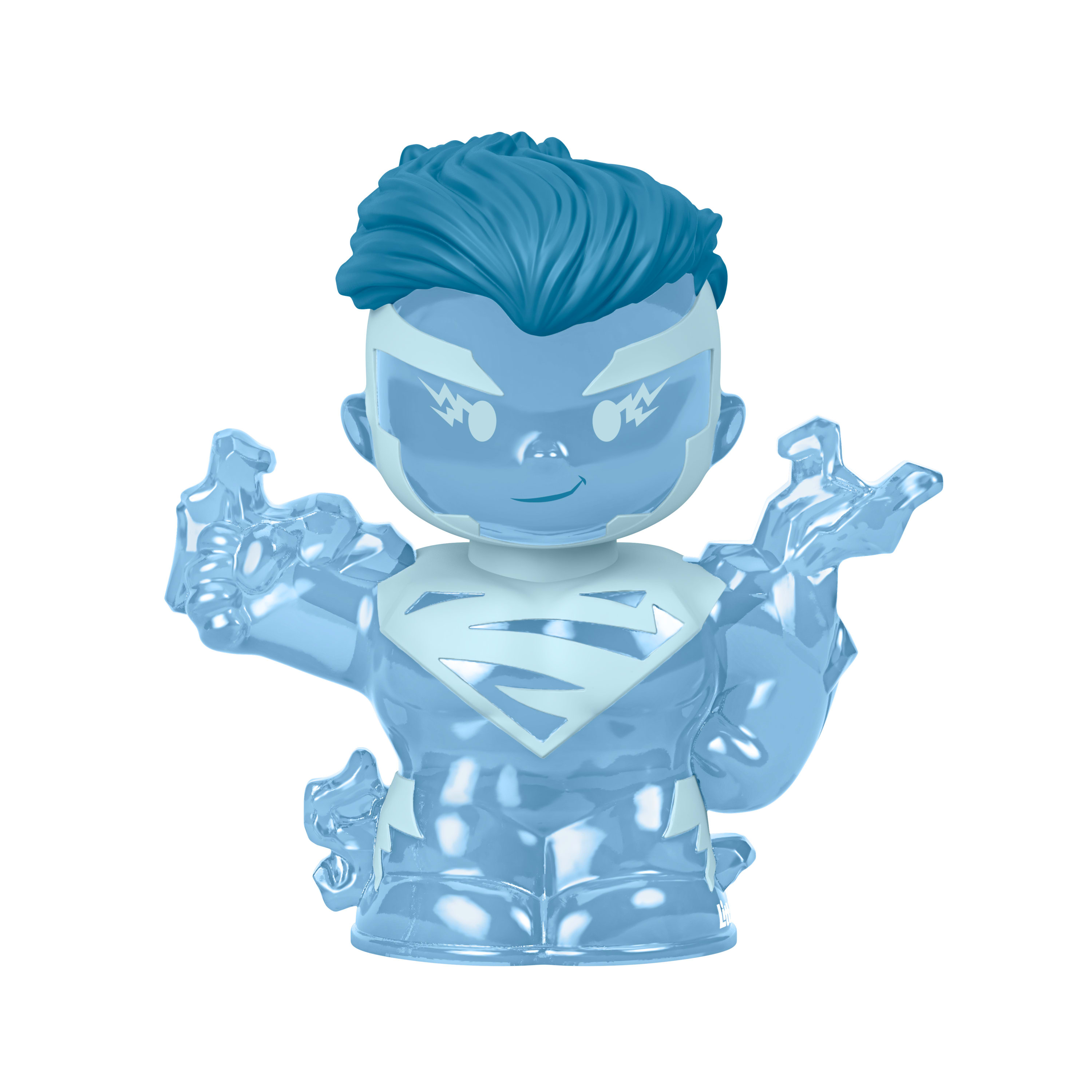 Eine durchsichtige blaue Figur mit einem S-Symbol auf der Brust und eisigen Händen.