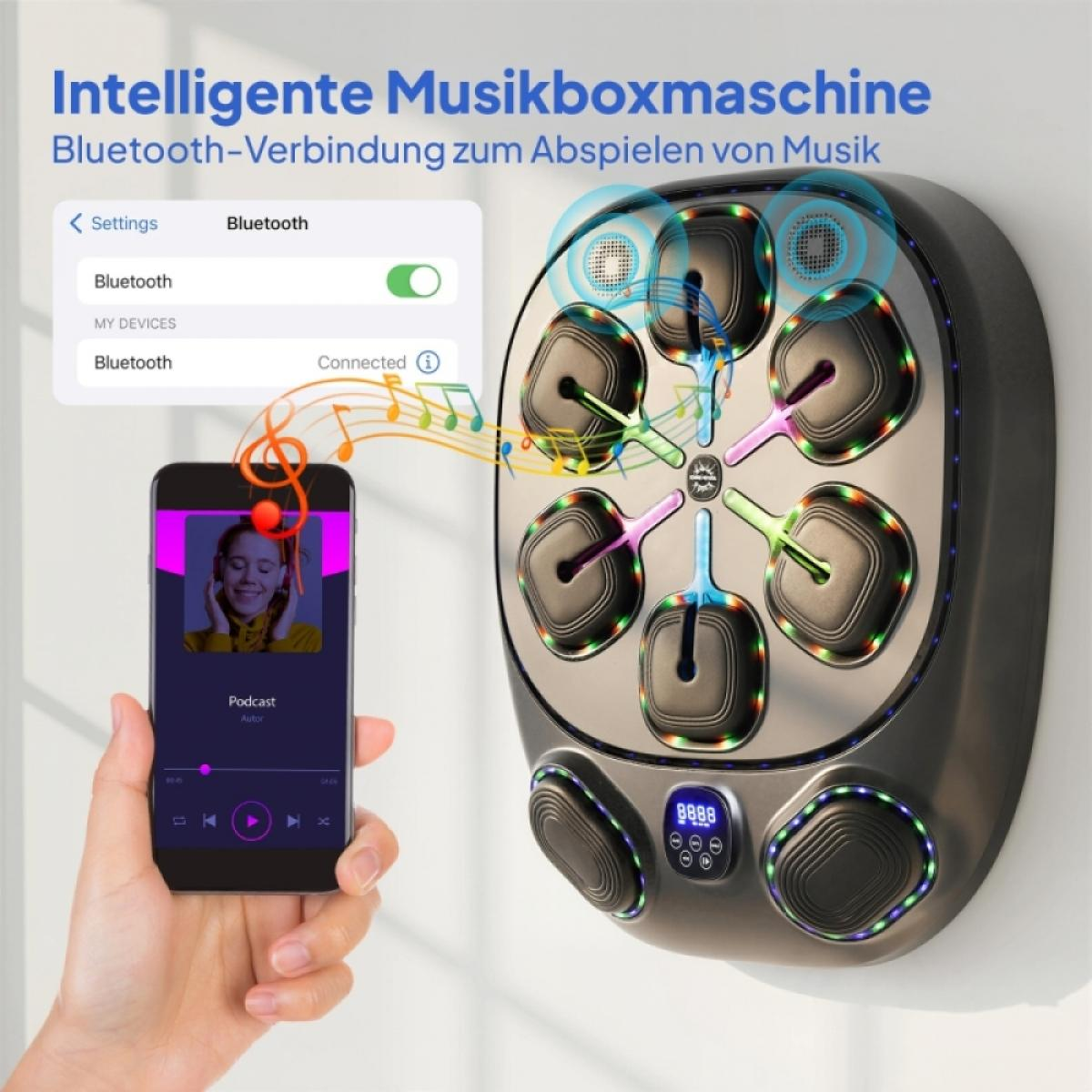 Smartphone verbindet sich via Bluetooth mit Musikbox. Bunte Lichter.