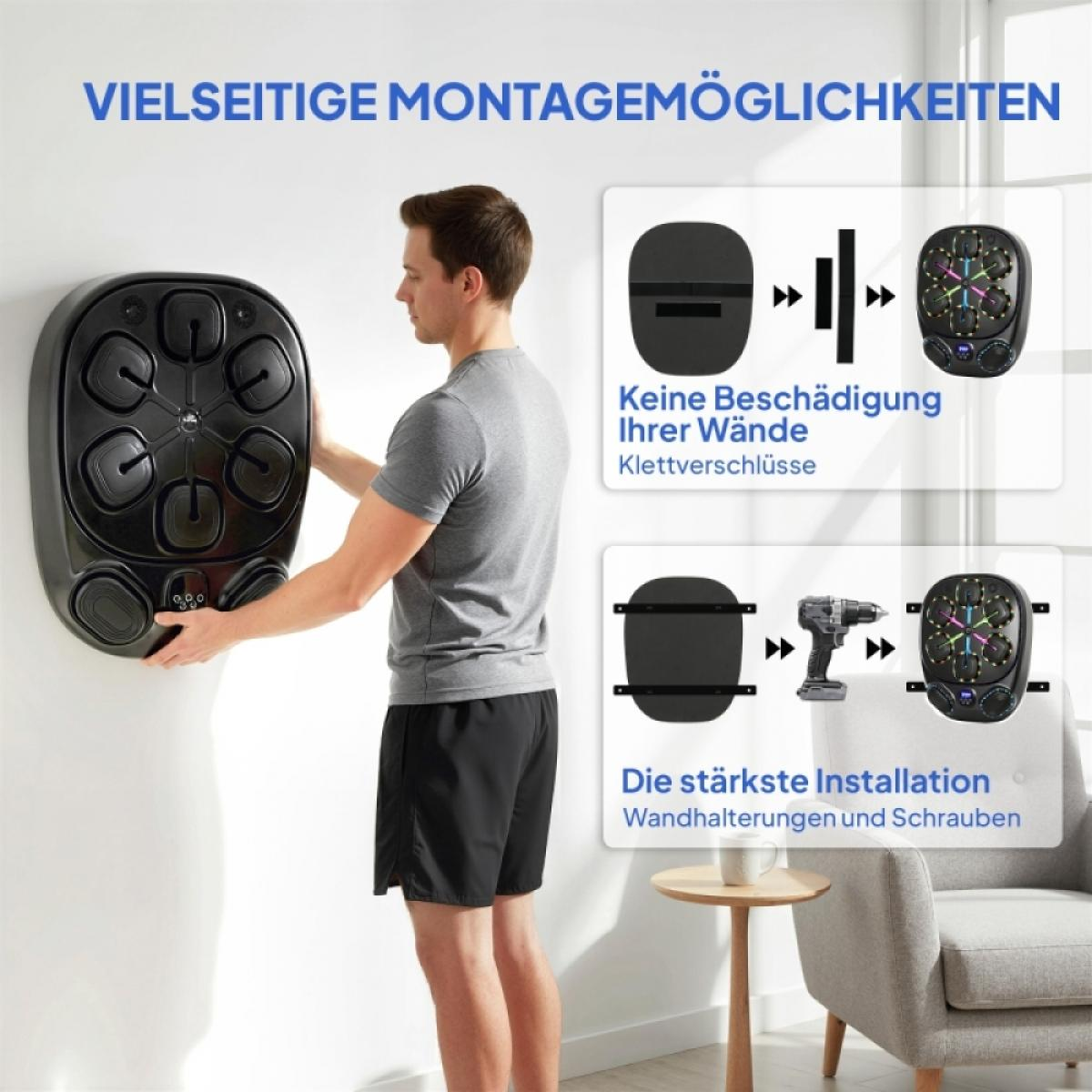 Mann montiert schwarzes Schlagpolster mit verschiedenen Wandmontagemöglichkeiten.