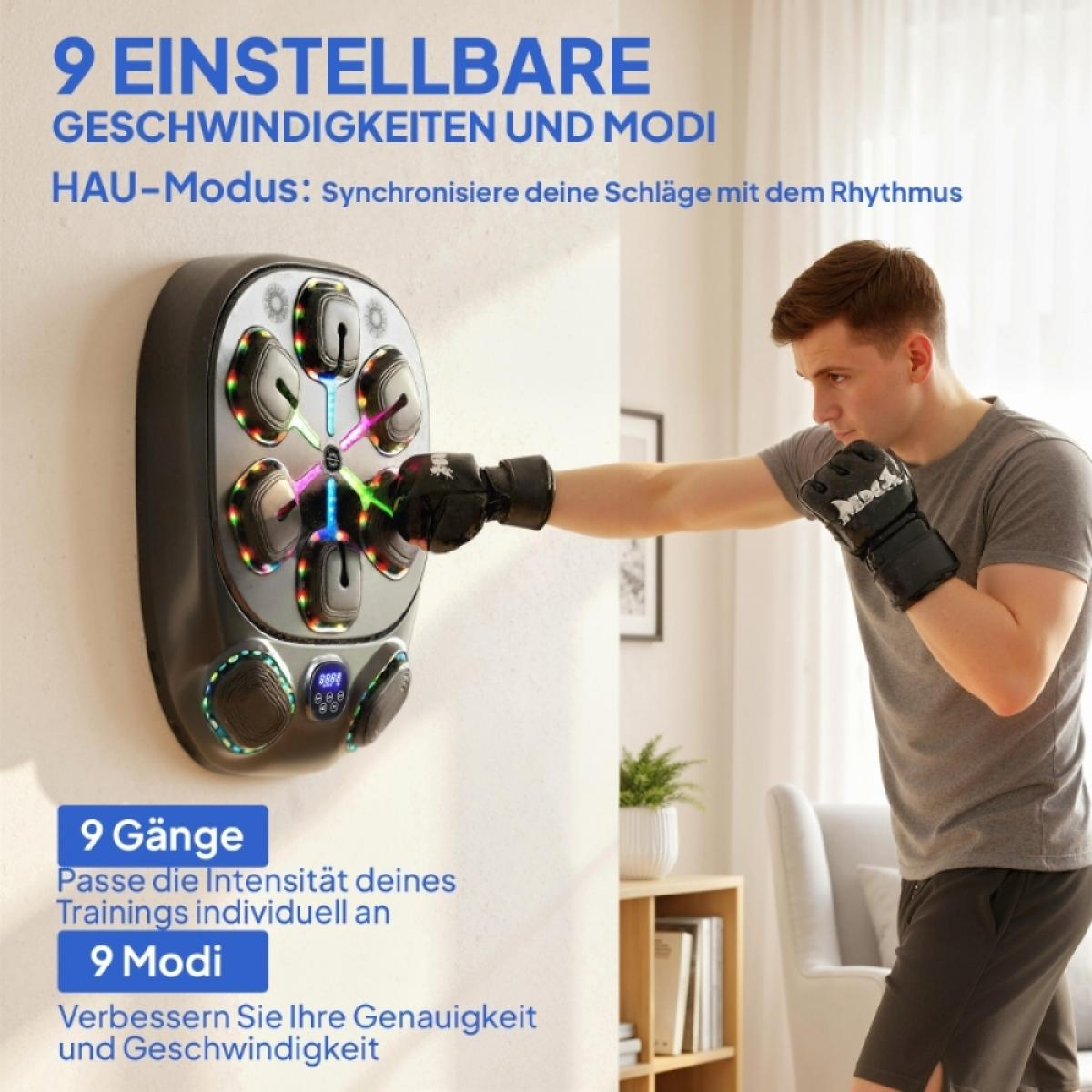 Mann boxt gegen Wandgerät mit Lichtern. Es hat 9 Gänge und Modi.