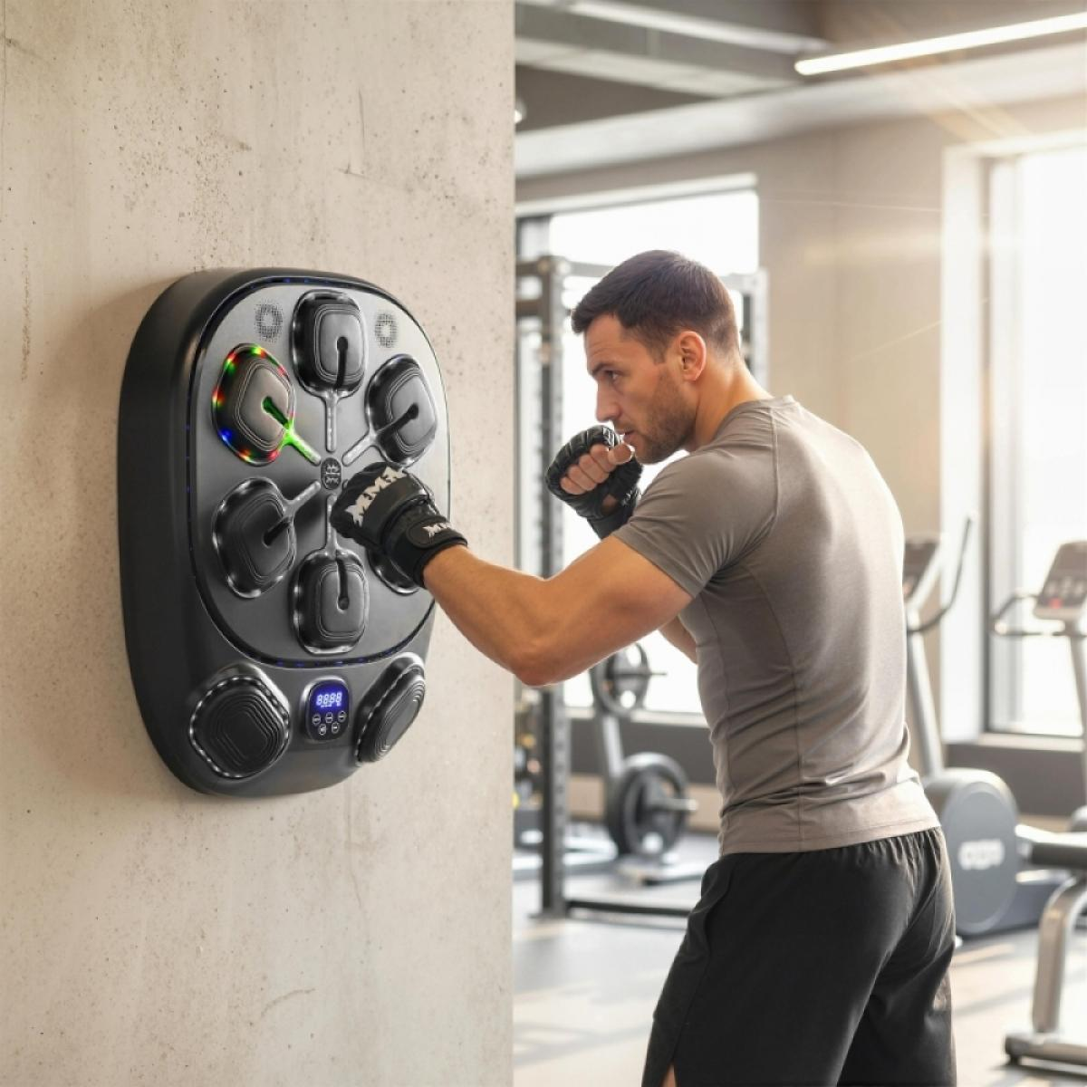 Ein Mann in einem Fitnessstudio trainiert mit einem Boxgerät mit Lichtern und Lautsprechern.