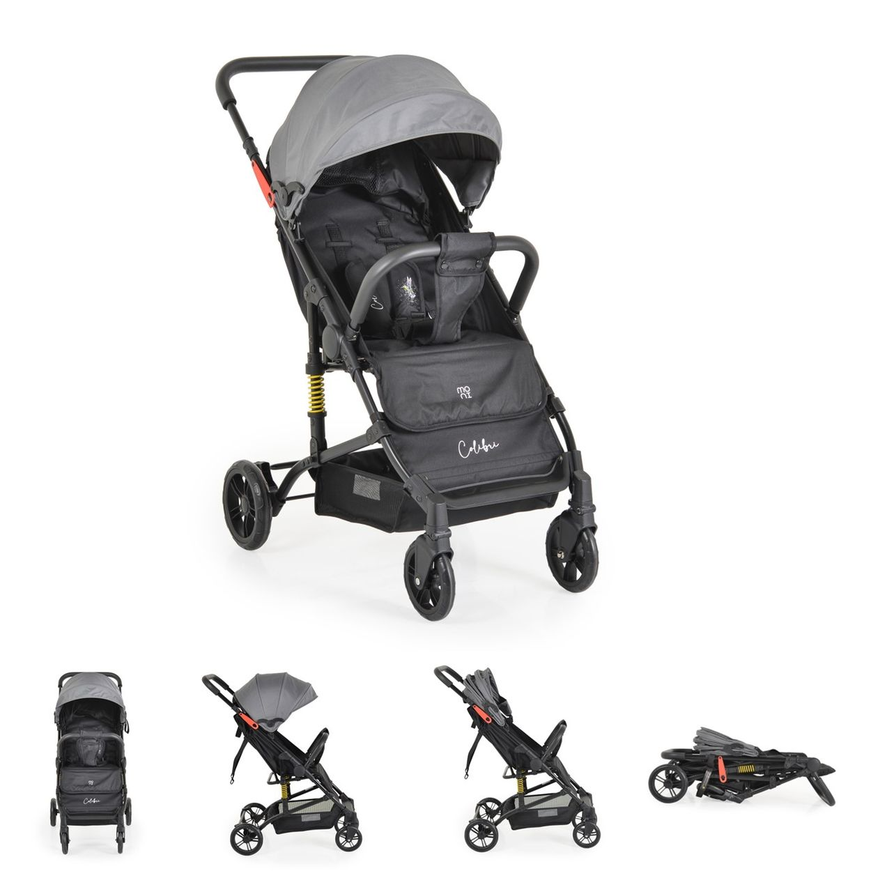 Ein grauer Kinderwagen mit schwarzen Akzenten, auf weißem Hintergrund.