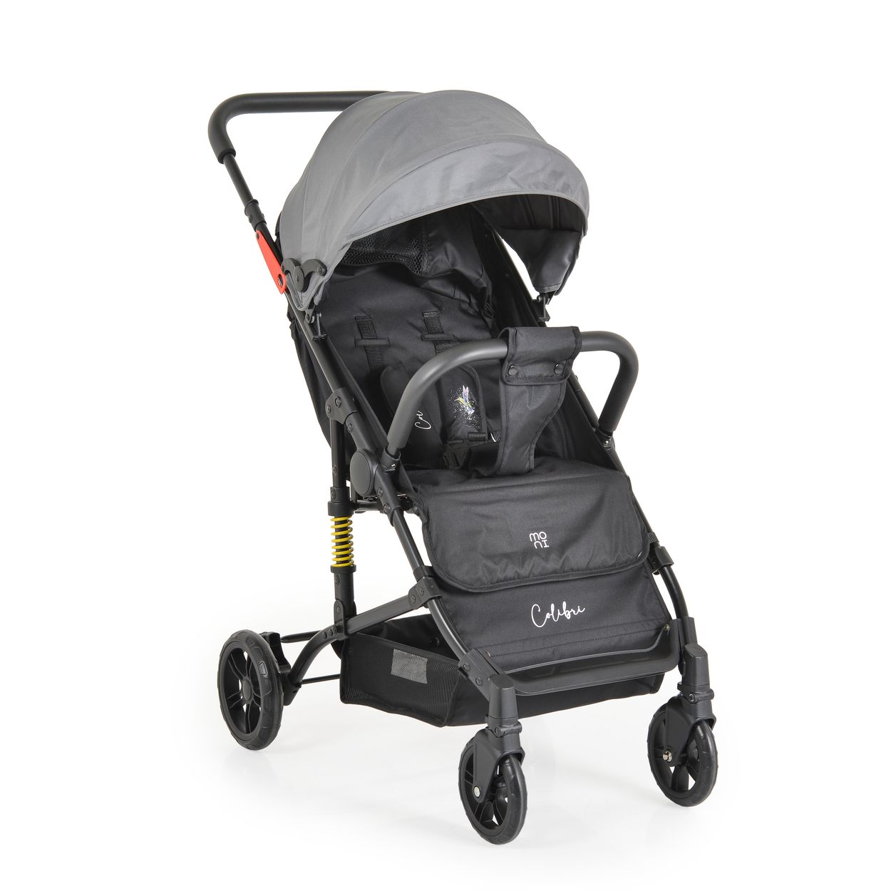 Ein schwarzer Kinderwagen mit grauem Verdeck und gelben Federn.
