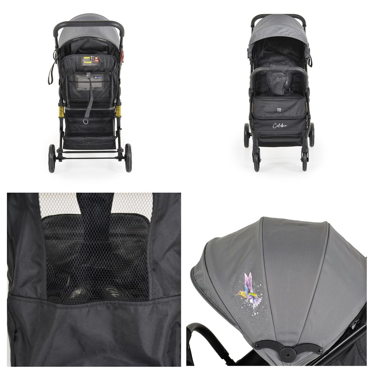 Ein grauer Kinderwagen mit einem Kolibri-Aufdruck auf dem Verdeck.