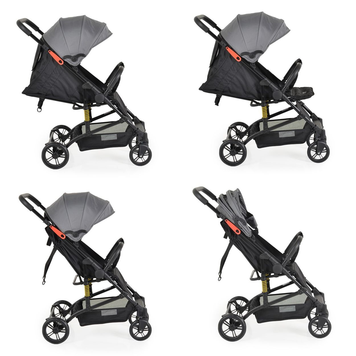 Ein schwarzer Kinderwagen mit grauem Verdeck und orangenem Griff.