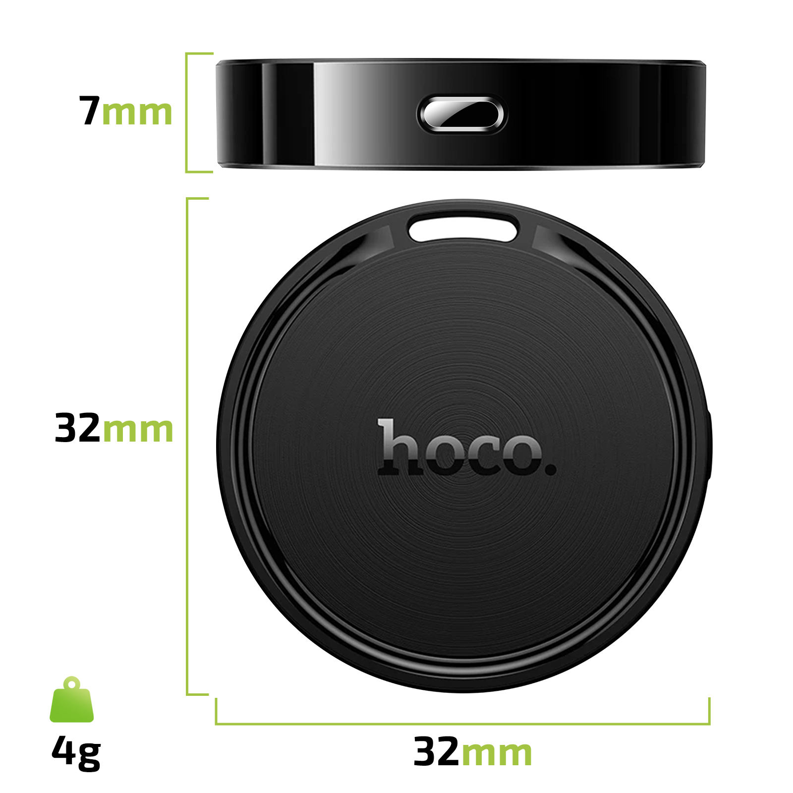 Tracker Hoco nero: 32x32mm, 7mm spessore, 4g. Vista laterale e dall'alto.
