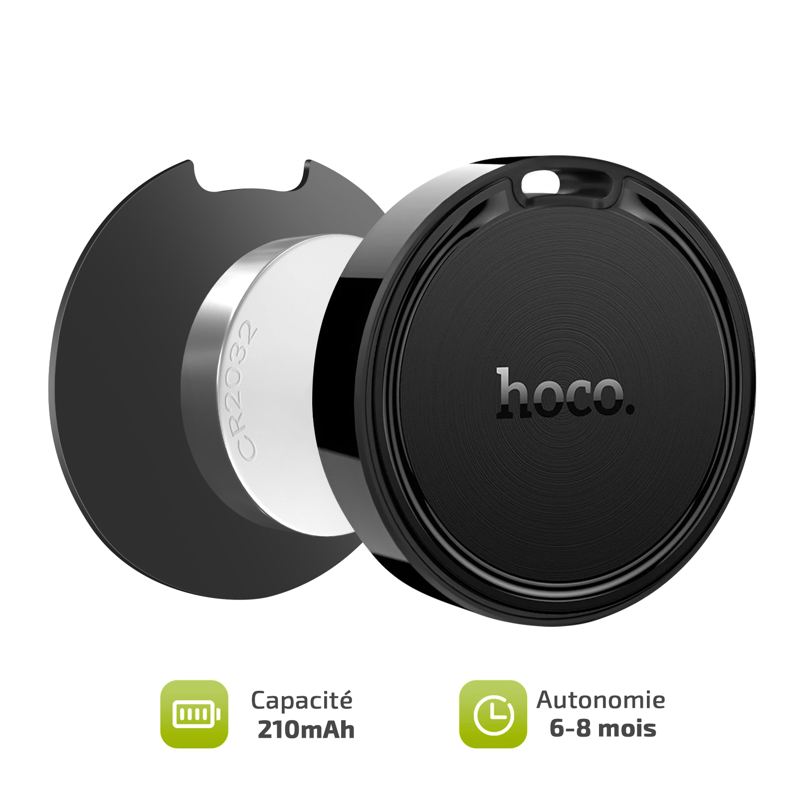Tracciatore nero con batteria CR2032, capacità 210mAh, durata 6-8 mesi.
