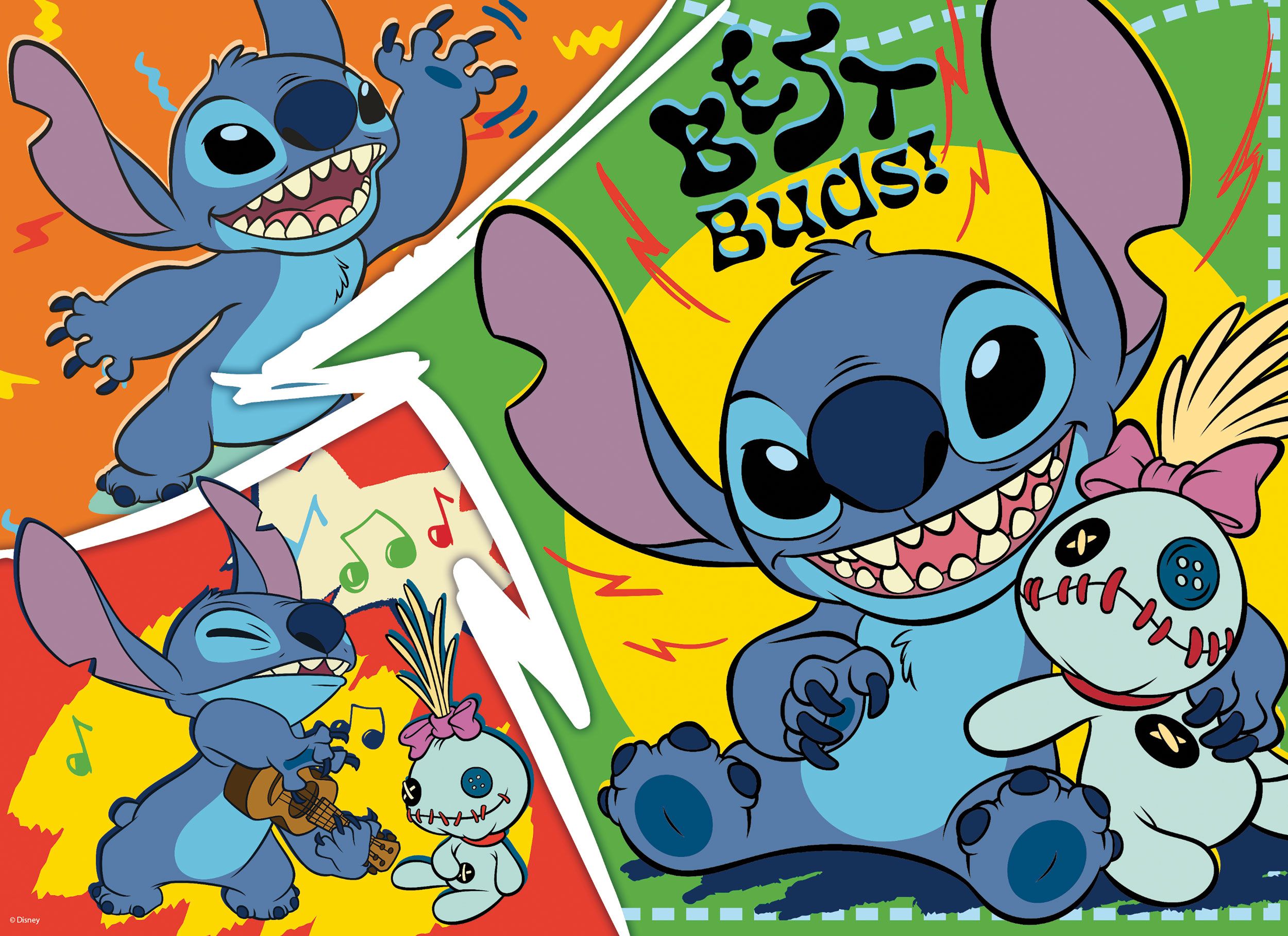 Stitch suona l'ukulele con una bambola, mentre un'altra figura di Stitch fa il tifo. Testo: 'MIGLIORI AMICI!'