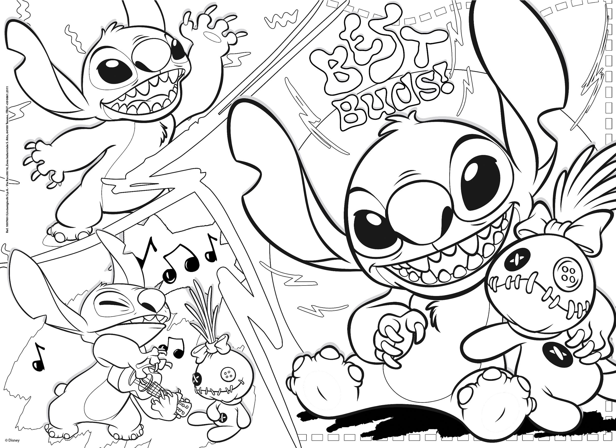 Disegno al tratto di Stitch che suona l'ukulele e interagisce con bambole voodoo.