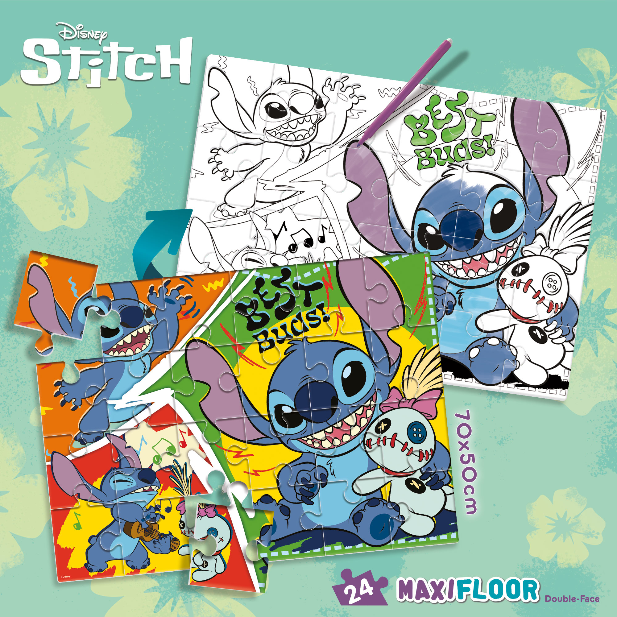 Stitch suona l'ukulele con una bambola. Sono visibili una pagina da colorare e un puzzle completato.
